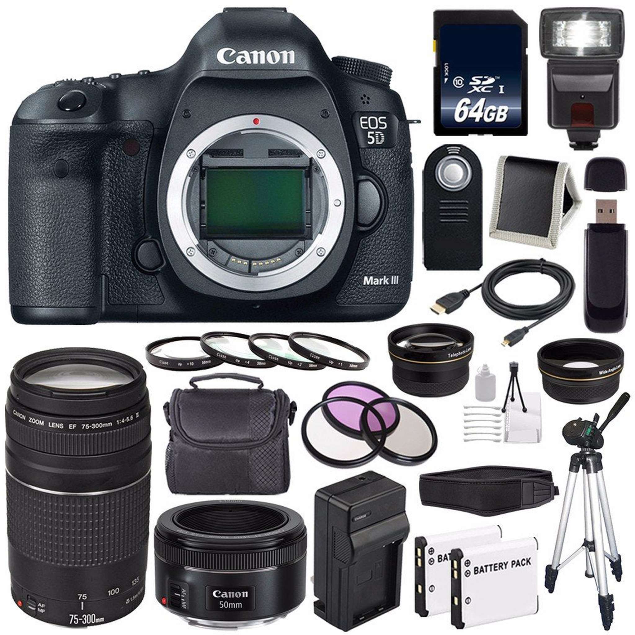 Canon EOD 5D III Digital Camera International Model + Canon EF 75-300 III+ EF 50mm f/1.8 STM Lens Starter Bundle Canon