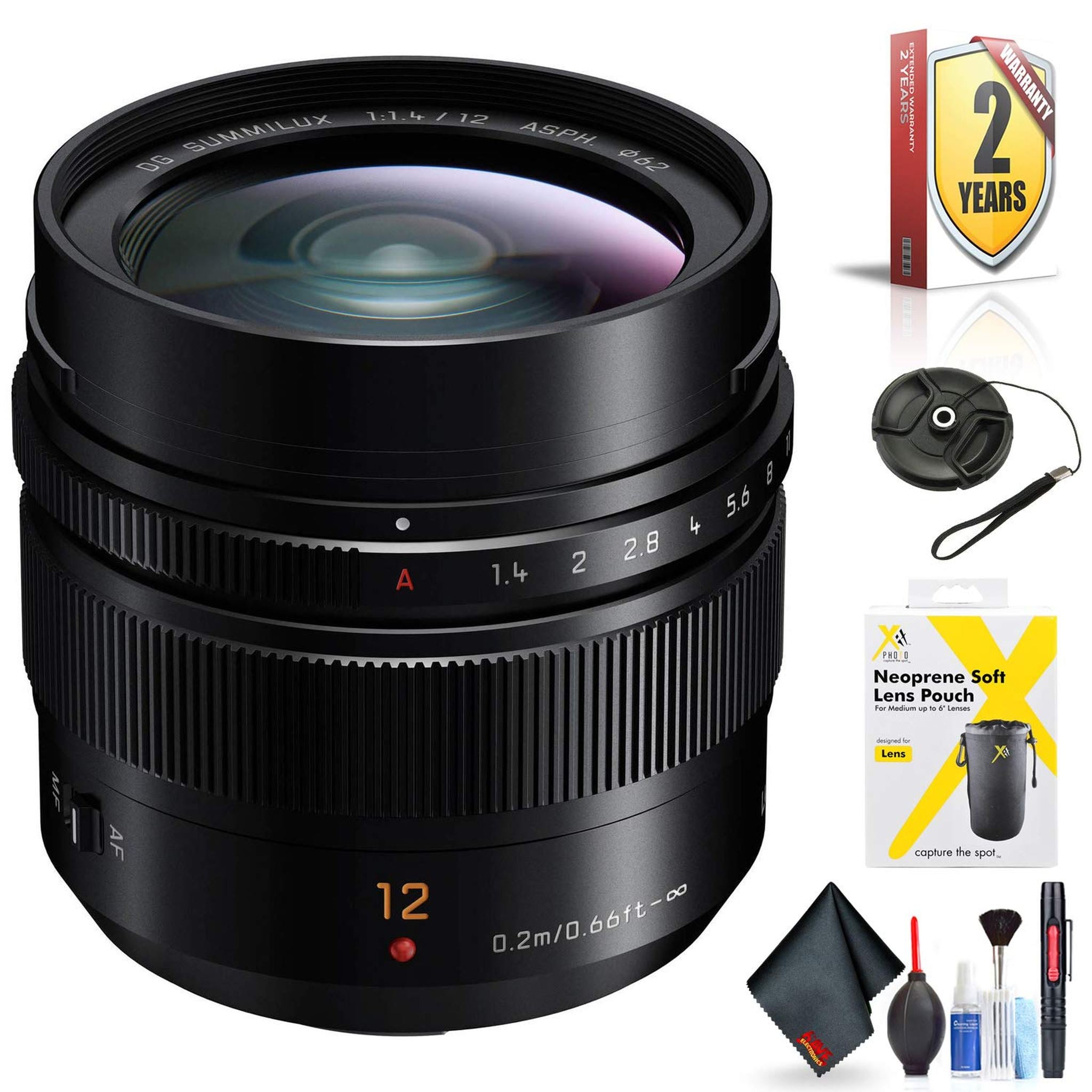 Panasonic Leica DG Summilux 12mm f/1.4 ASPH. Lens for Micro Four Thirds Mount + Accessories International Model with 2 Panasonic