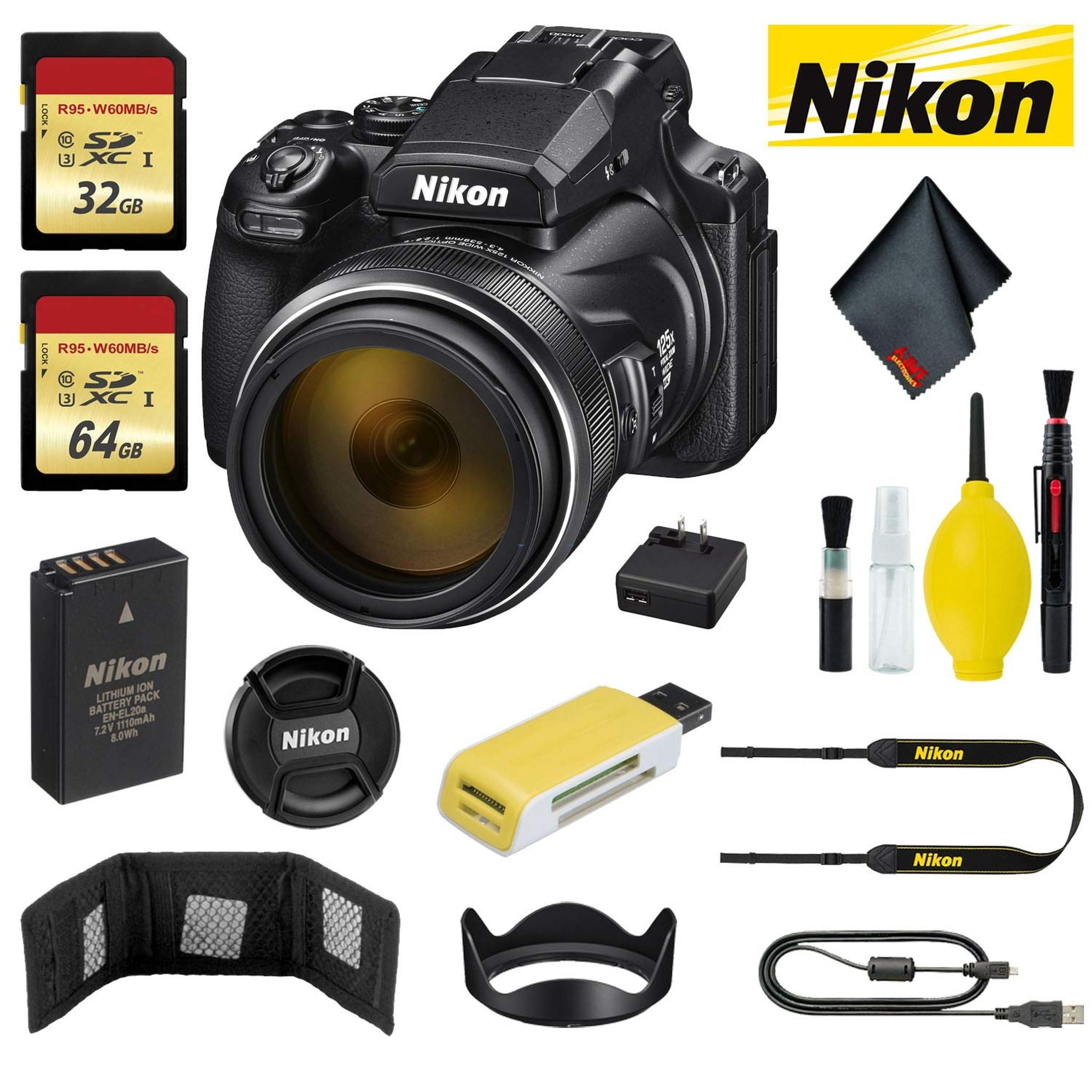 Nikon COOLPIX P1000 Digital Camera with 32GB + 64GB Memory Card, Memory Card Wallet, USB Card Reader and Cleaning Kit Nikon