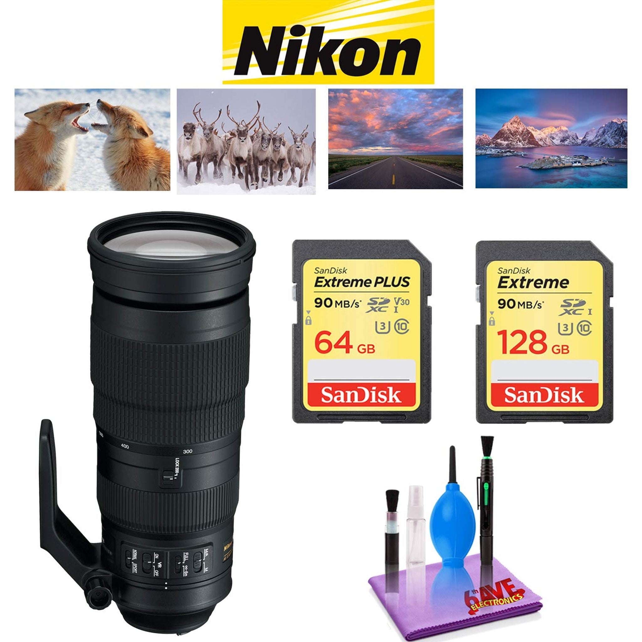 Nikon AF-S NIKKOR 200-500mm f/5.6E ED VR Lens with Sandisk 64GB and 128GB Extreme Memory Card SDXCUHS-I Nikon