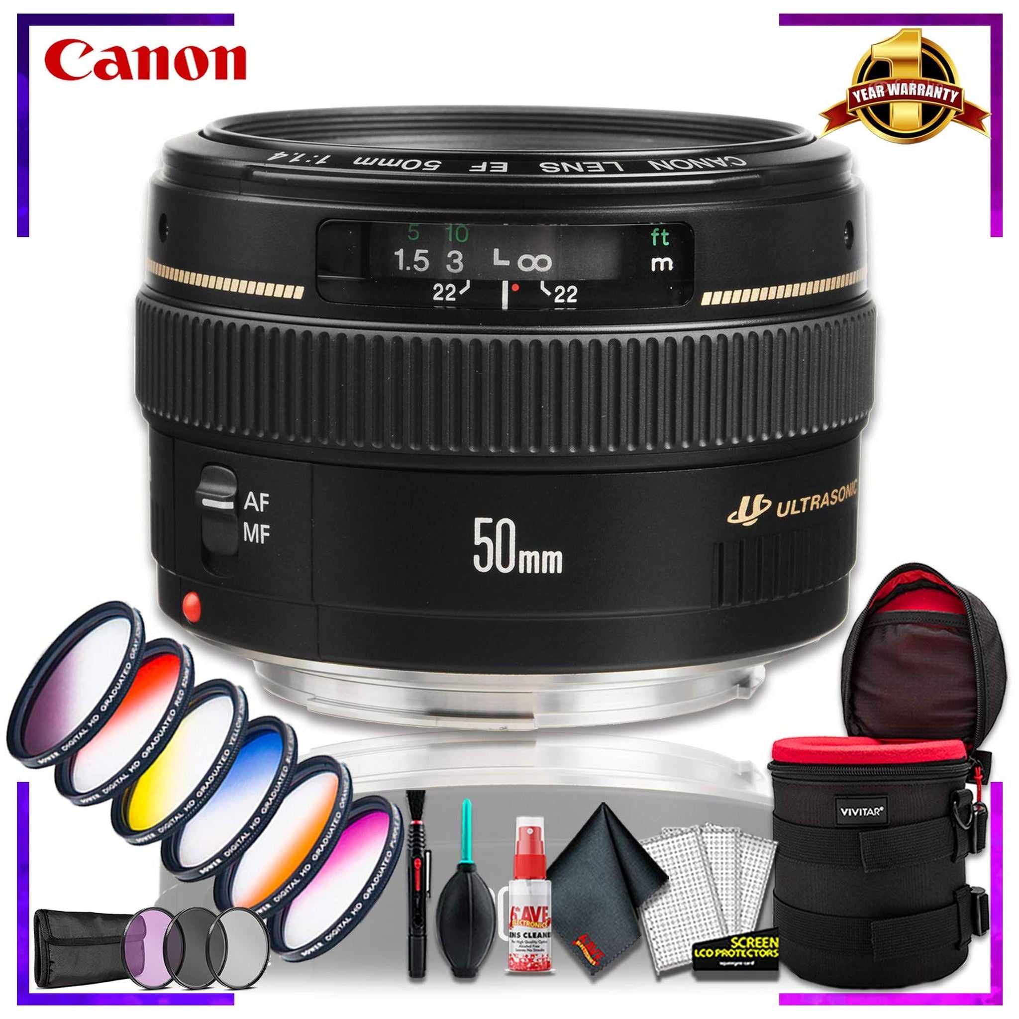 Canon EF 50 1.4 USM 58MM Lens International Model + 4.5 inch Vivitar Premium Lens Case + Vivitar Graduated Color Filte Canon