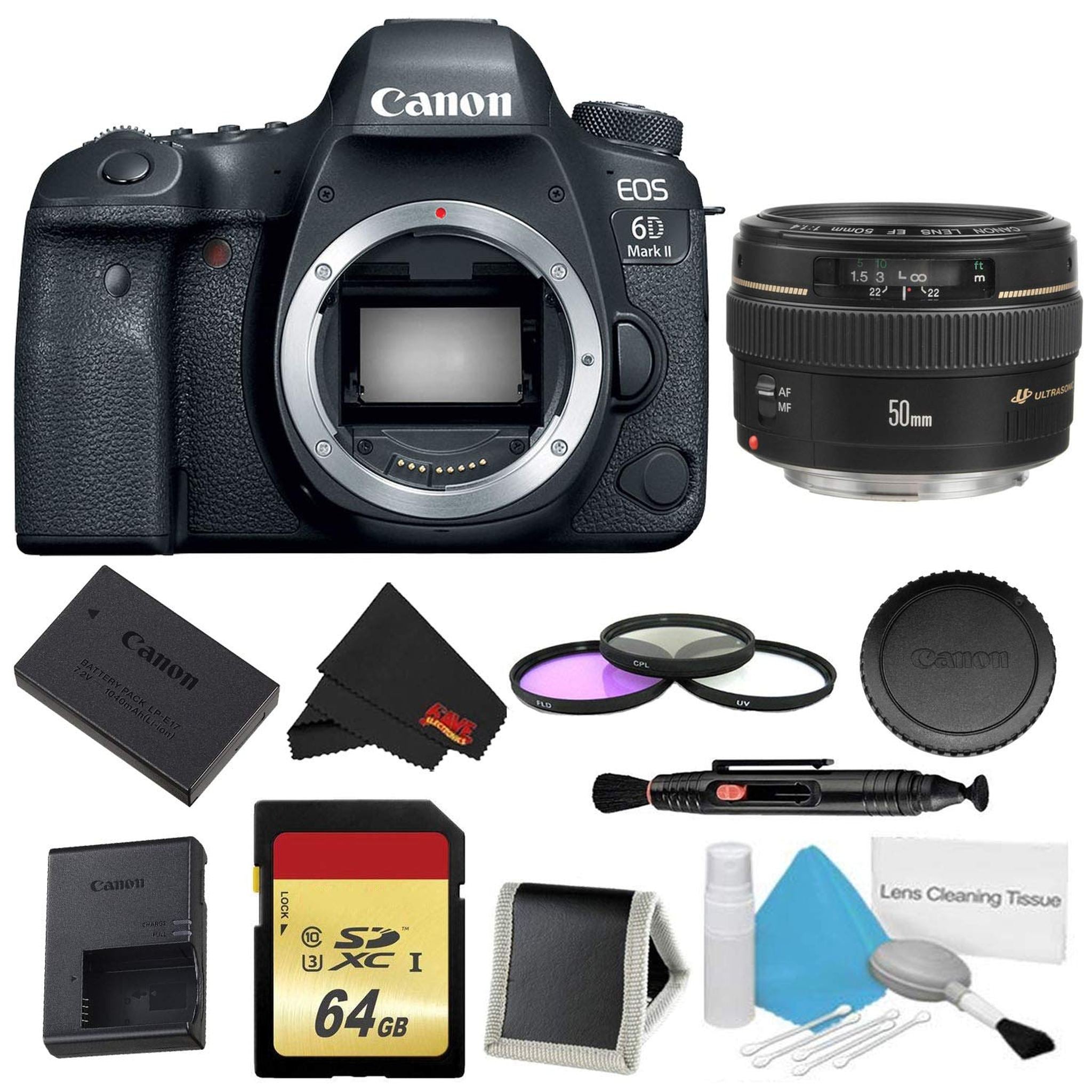 Canon EOS 6D Mark II DSLR Camera Body Only 3 Piece Filter w/Memory Bundle + Canon EF 50mm f/1.4 USM Lens - Internation Canon