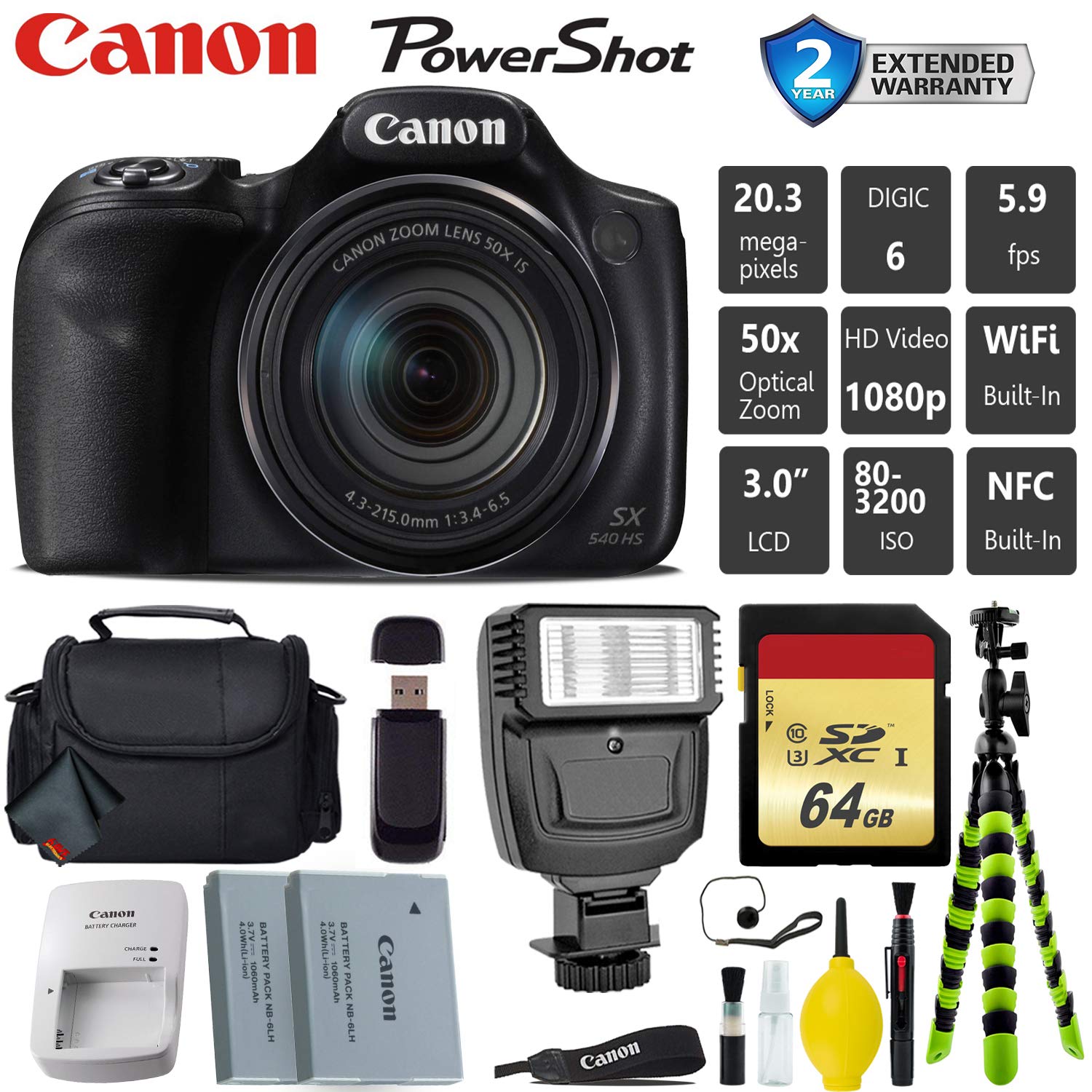 Canon PowerShot SX540 HS Digital Point and Shoot Camera + Extra Battery + Digital Flash + Camera Case + 64GB Class 10 Card Professional Bundle Canon