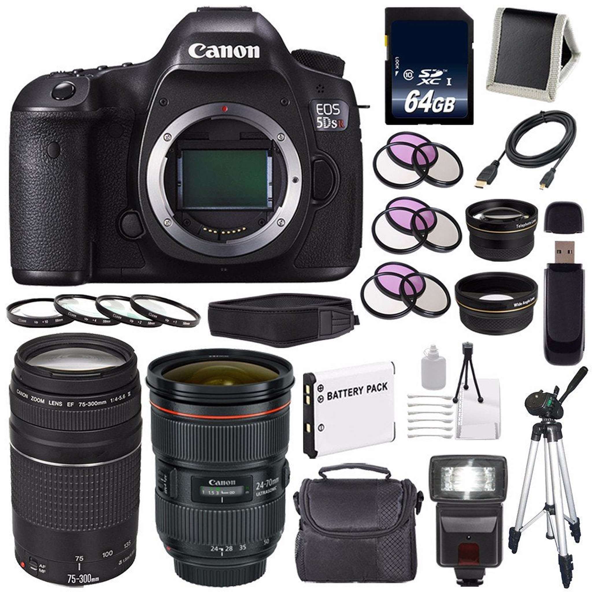 Canon EOS 5DS R DSLR Camera International Model 0582C002 + Canon EF 24-70mm f/2.8L II USM Lens + Canon EF 75-300 III+ LP-E6 Replacement Battery + 64GB SDXC Card Bundle Canon