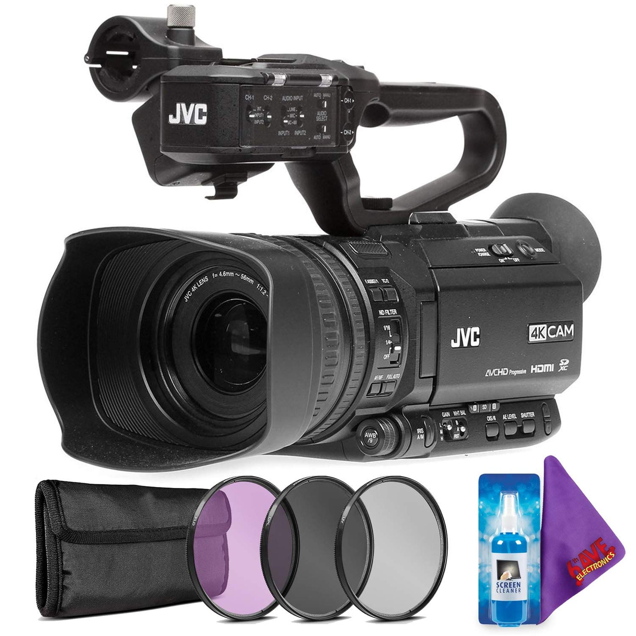 JVC GY-HM250 UHD 4K Streaming Camcorder with Built-in Lower-Thirds Graphics + Creative Filter Kit JVC