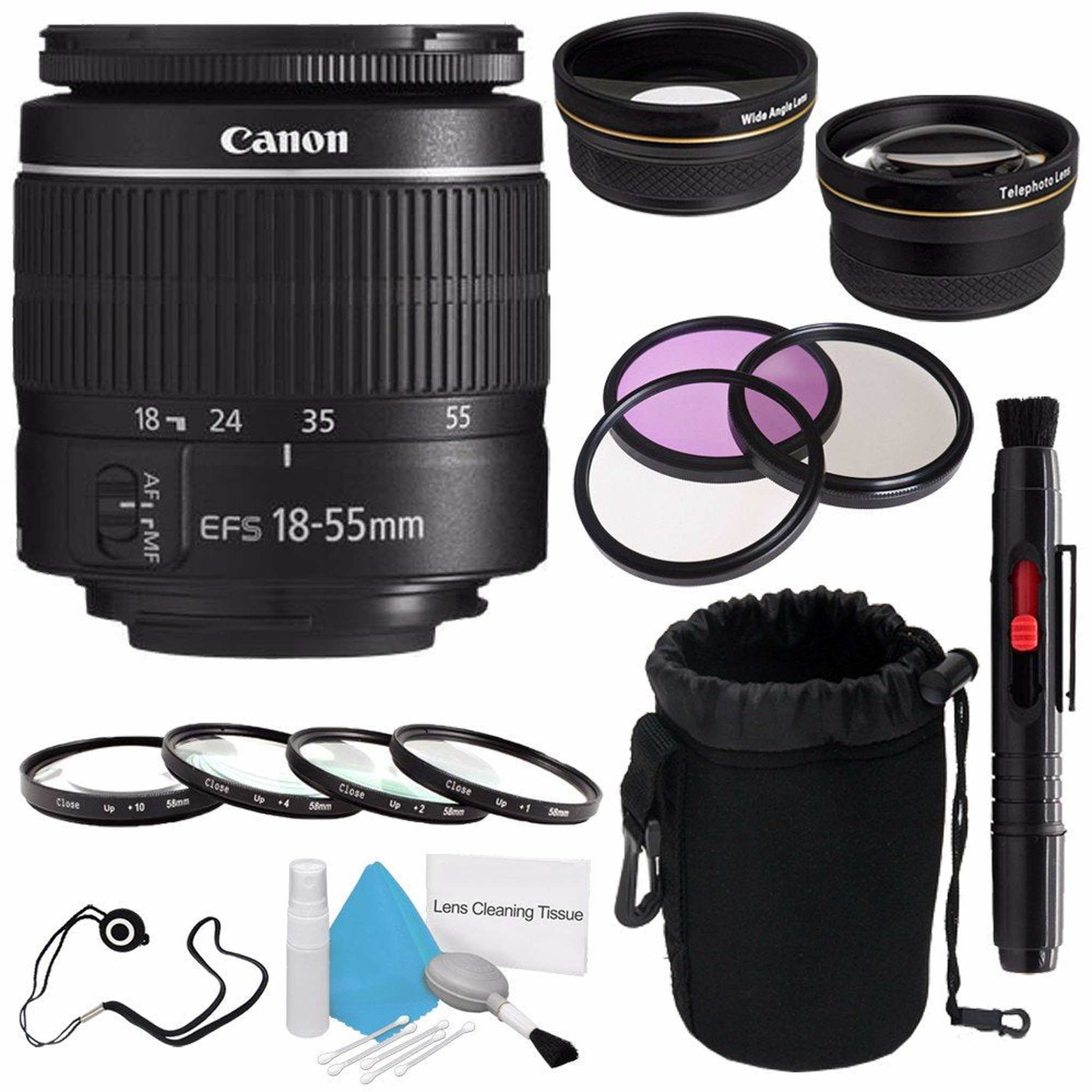 Canon EF-S 18-55mm f/3.5-5.6 III Lens International Model + 58mm Wide Angle Lenses + 58mm Macro Close Up Kit + 58mm 3 Canon