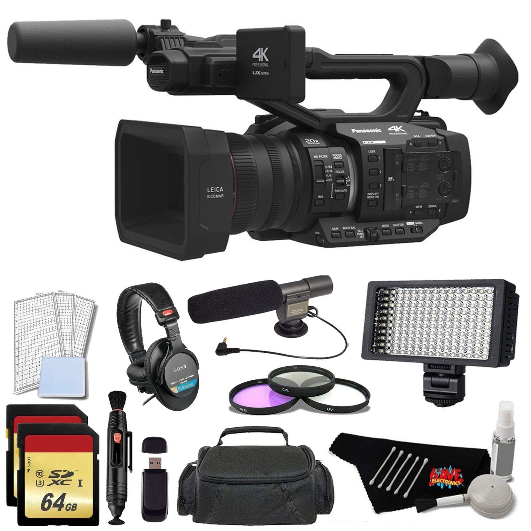 Panasonic AG-UX180 4K Premium Professional Camcorder with 128GB Memory Card, Filter Kit, Professional Microphone, LED Video Light, Studio Headphones, and Standard Accessories Panasonic