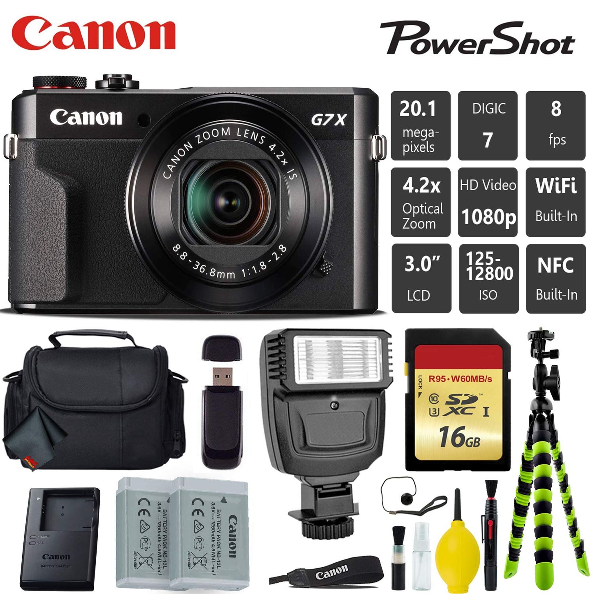 Canon PowerShot G7 X Mark II Point and Shoot Digital Camera + Extra Battery + Digital Flash + Camera Case + 16GB Class 1 Card Bundle Canon