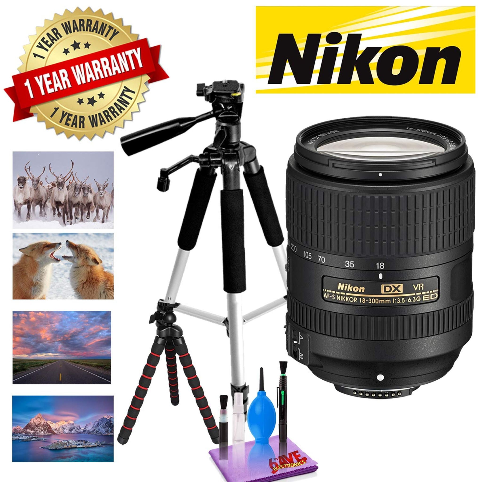 NIKON 18-300MM F/3.5-6.3G ED AF-S DX VR Lens with 1 Year Warranty, 12 in Flexible Tripod and 72 in Professional Bundle Nikon