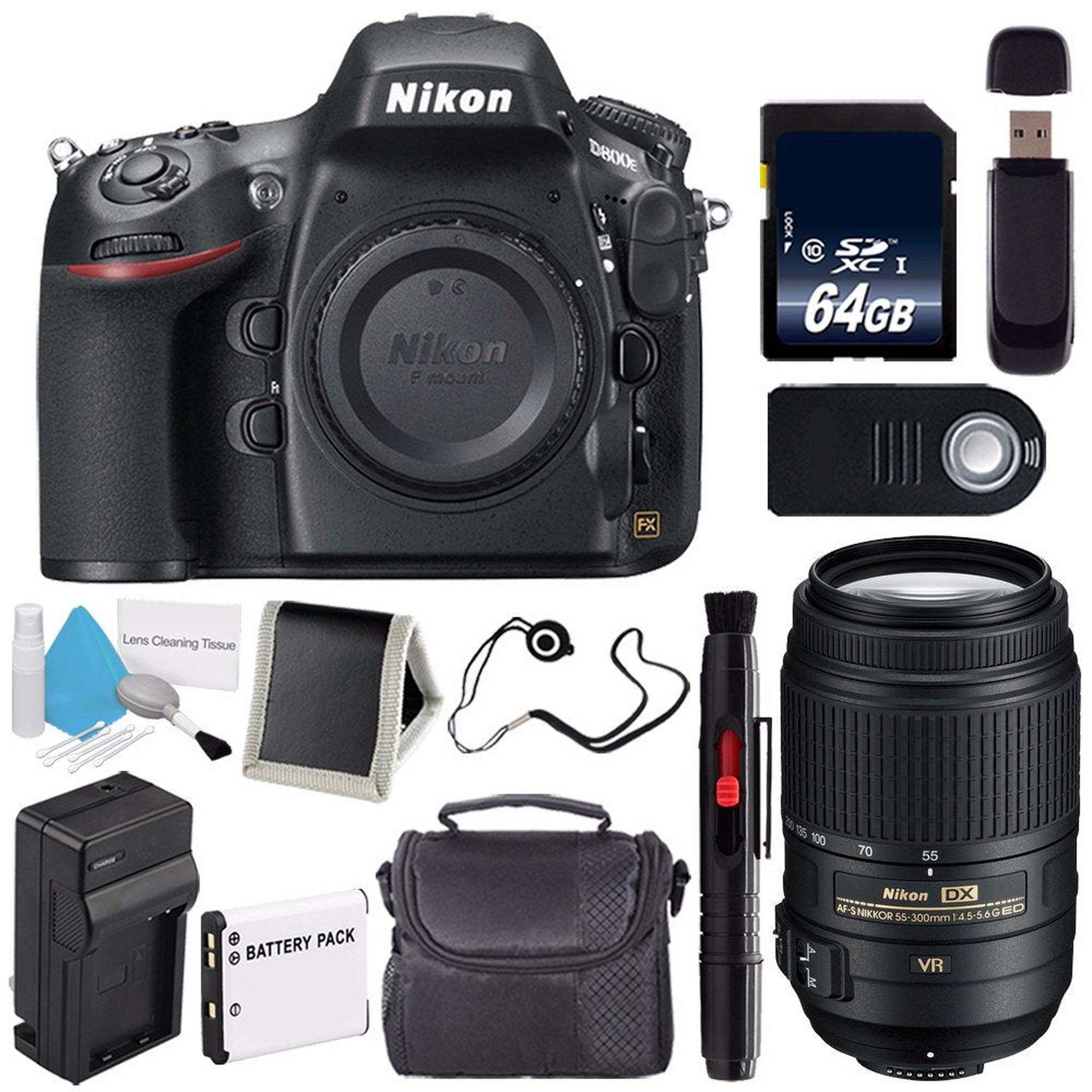 Nikon D800E Digital Camera Body Only International Model + Nikon AF-S DX 55-300mm f/4.5-5.6G ED VR Lens + 64GB Memory Card Nikon