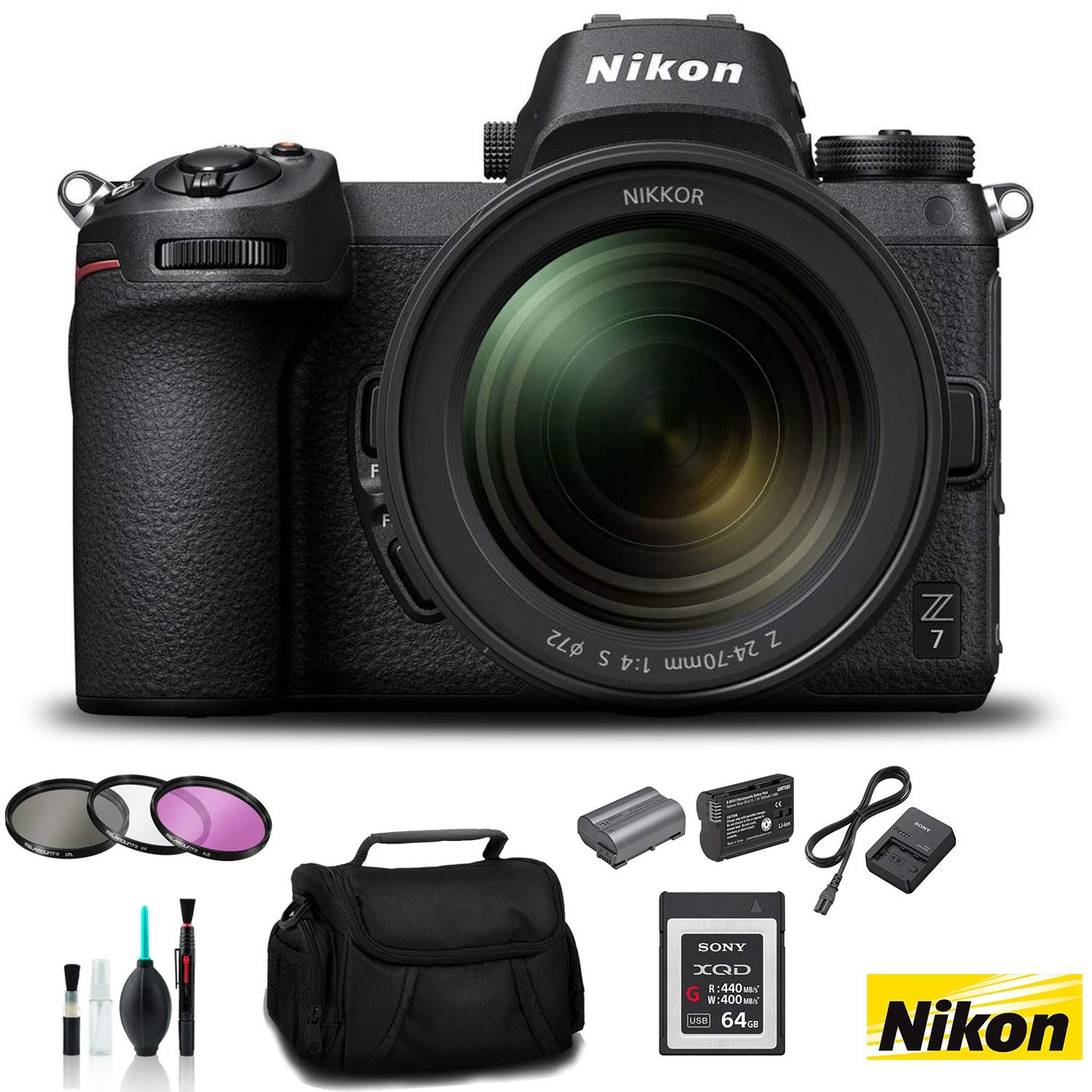 Nikon Z 7 Mirrorless FX-Format Digital Camera with 24-70mm Lens - Bundle 64GB Memory Card + EN-EL15 Li-on Battery + Exte Nikon