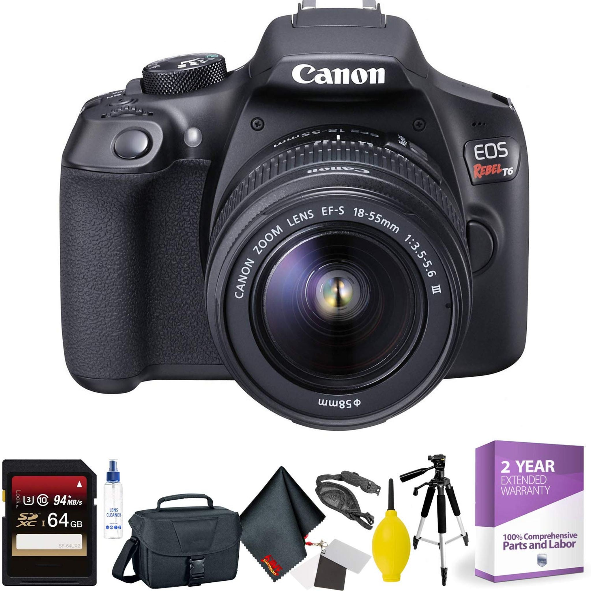 Canon EOS Rebel T6 DSLR Camera with 18-55mm and 75-300mm Lenses Kit + 64GB Memory Card + Mega Accessory Kit + 1 Year Warranty Bundle Canon