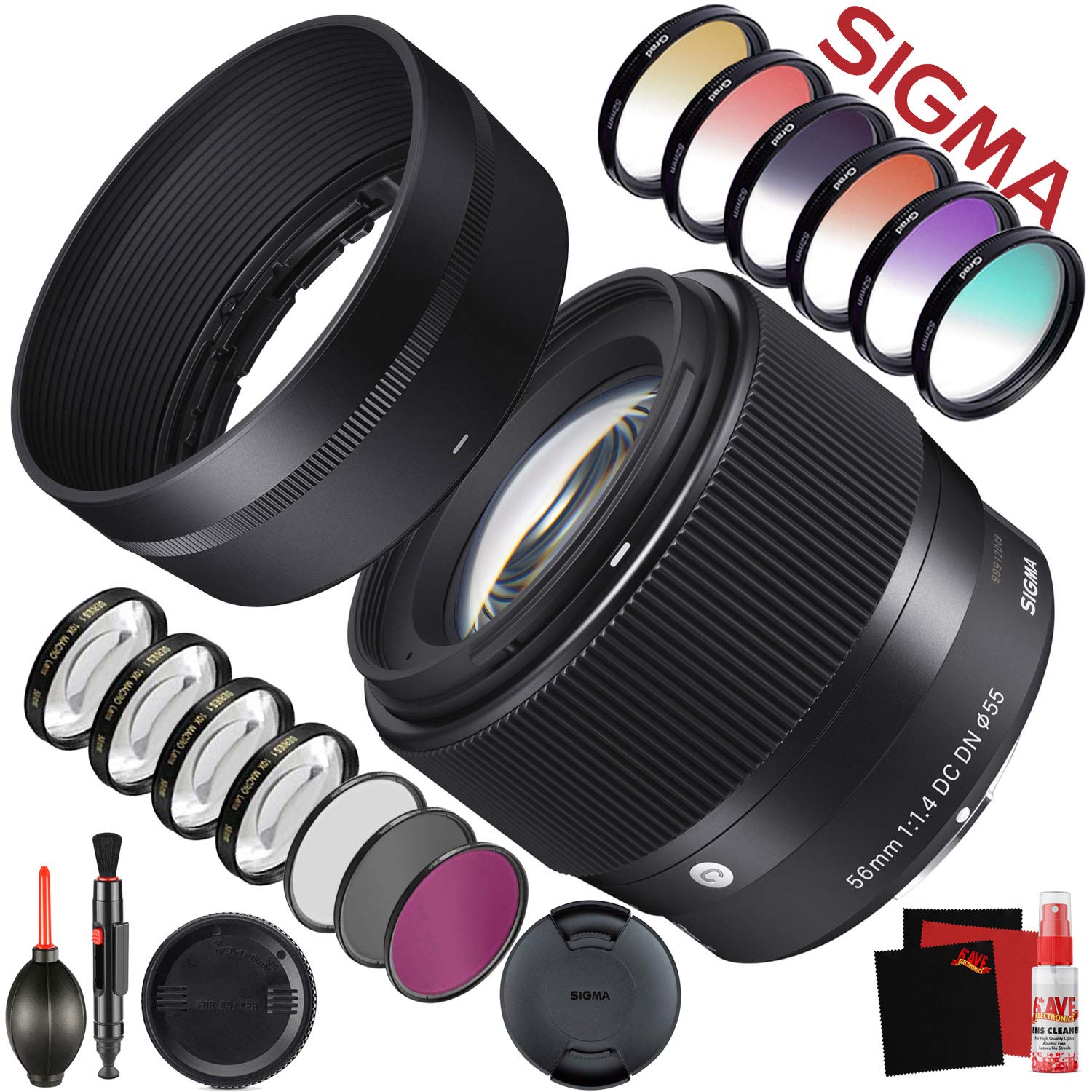 Sigma 56mm f/1.4 DC DN Contemporary Lens for Sony E 351965 With FLD Filter, CPL Filter, UV Filter - Color Graduated Filter Kit - Close Up Filter Kit and Cleaning Accessories Bundle Sigma