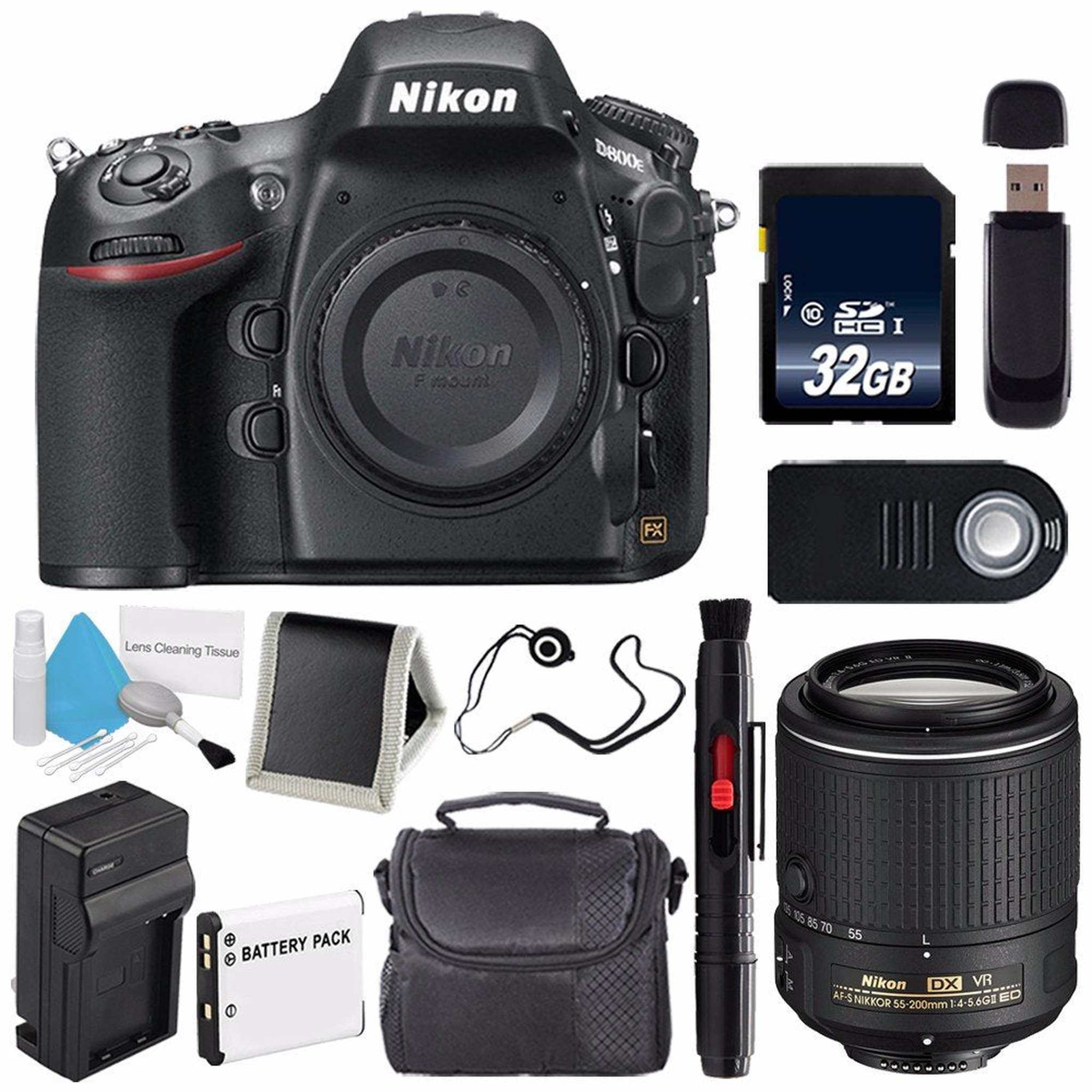 Nikon D800E Digital Camera Body Only International Model + Nikon AF-S DX NIKKOR 55-200mm f/4-5.6G ED VR II Lens + 32GB Memory Card Pro Bundle Nikon