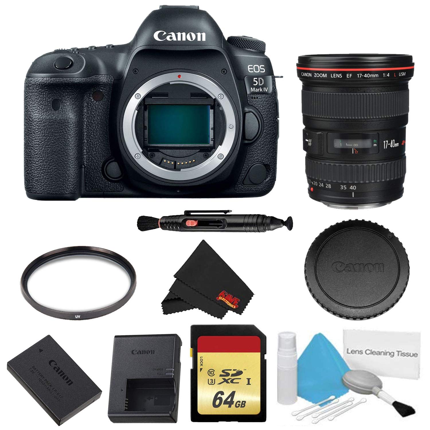 Canon EOS 5D Mark IV DSLR Camera Body Only Basic Filter + Memory Kit w/ 17-40mm 4.0 USM L Lens - International Model Canon