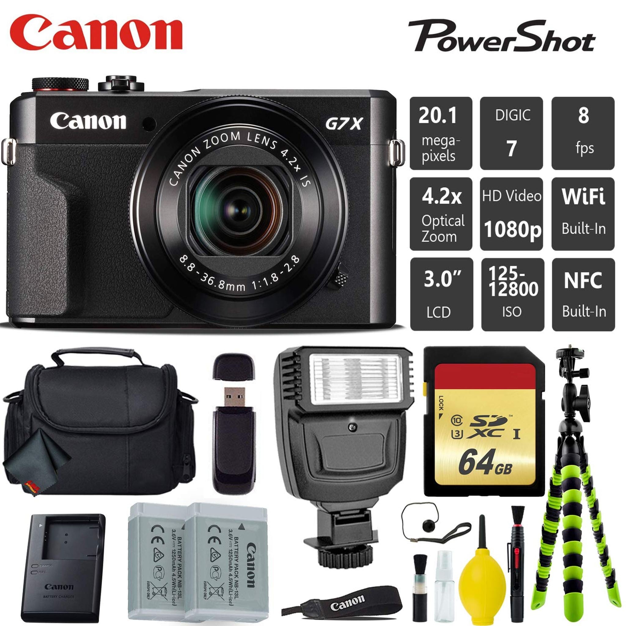 Canon PowerShot G7 X Mark II Point and Shoot Digital Camera + Extra Battery + Digital Flash + Camera Case + 64GB Class 1 Card Bundle Canon