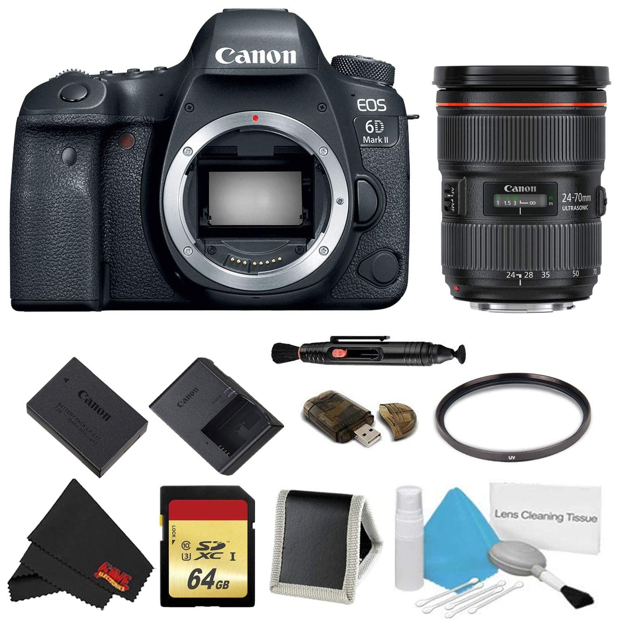 Canon EOS 6D Mark II DSLR Camera Body Only Basic Filter w/Memory Bundle + Bonus Canon EF 24-70mm f/2.8L II USM Lens - Canon