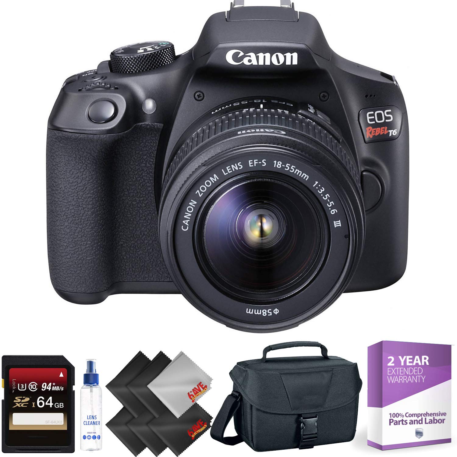 Canon EOS Rebel T6 DSLR Camera with 18-55mm and 75-300mm Lenses Kit + 64GB Memory Card + 1 Year Warranty Bundle Canon