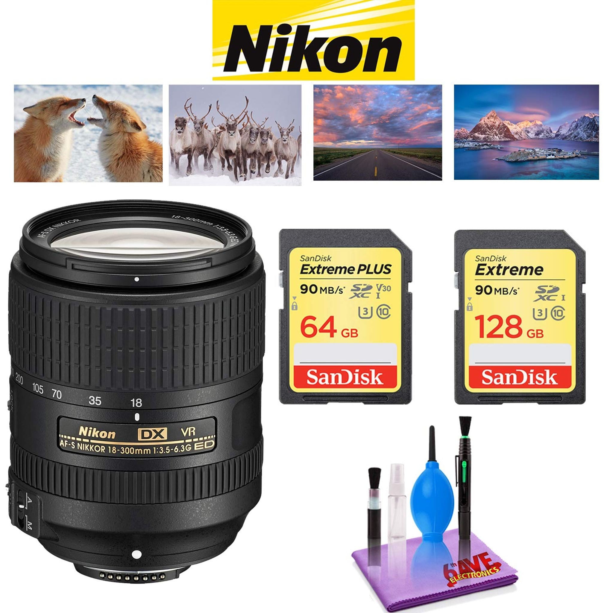 NIKON 18-300MM F/3.5-6.3G ED AF-S DX VR Lens with Sandisk 64GB and 128GB Extreme Memory Card SDXCUHS-I Bundle Nikon