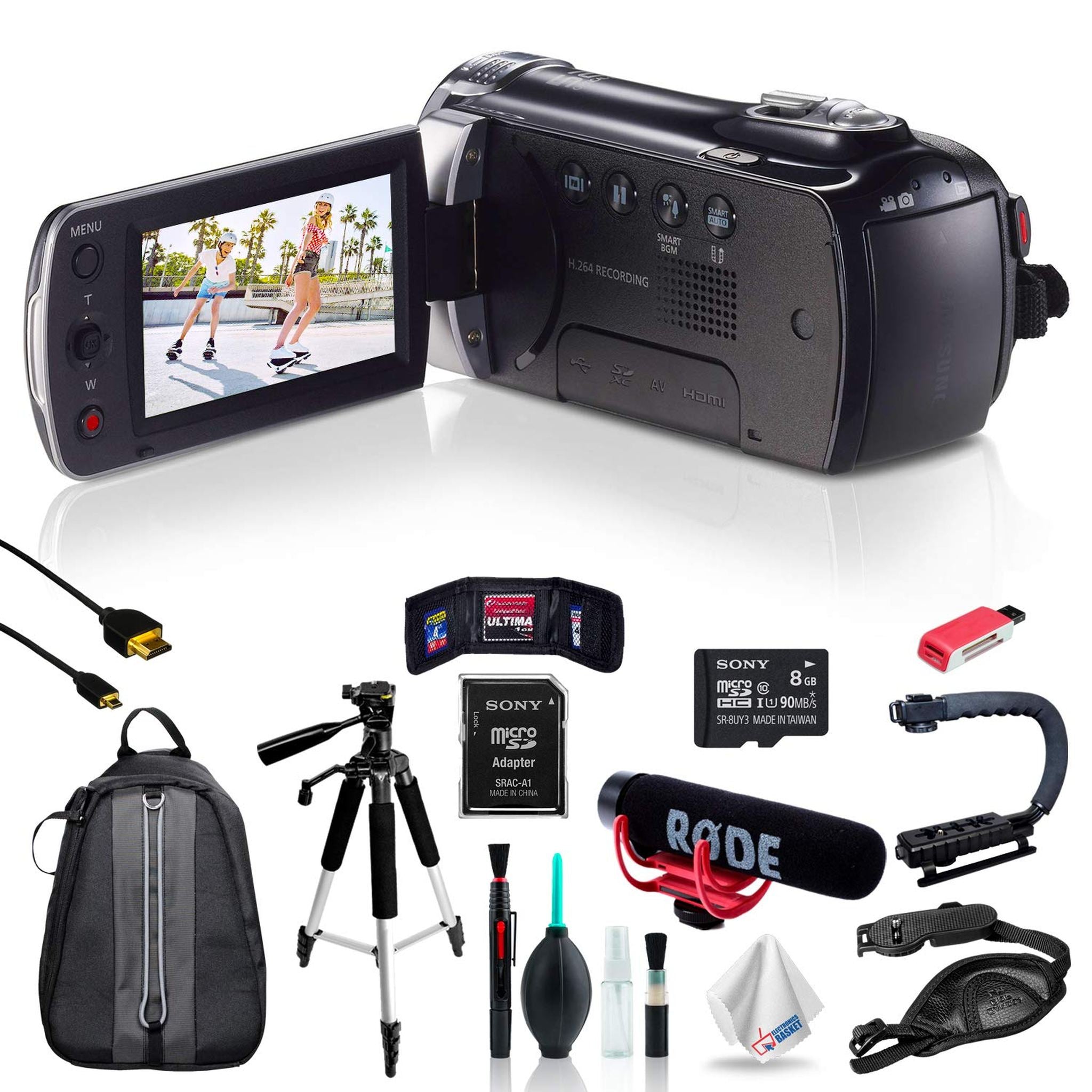 Samsung HMX-F90 Black Camcorder + 8GB mSDXC C10 Memory Card + Rode Microphone + Hands-Free Shoulder Mount Stabilizer + Stabilizing Handle/Video Grip Samsung