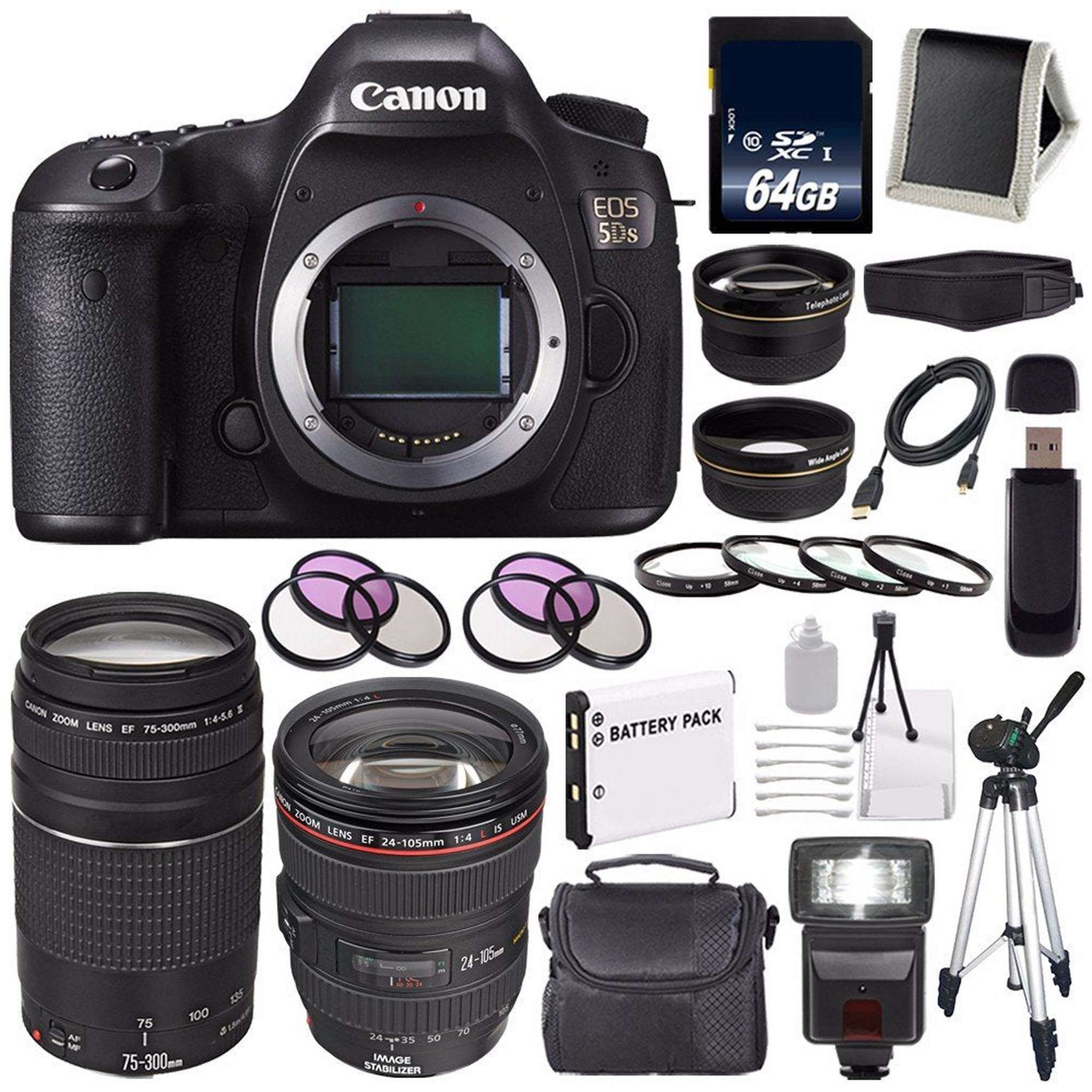 Canon EOS 5DS DSLR Camera International Model 0581C002 + EF 24-105mm f/4L is USM Lens + EF 75-300 III+ LP-E6 Battery + 64GB SDXC Card Bundle Canon