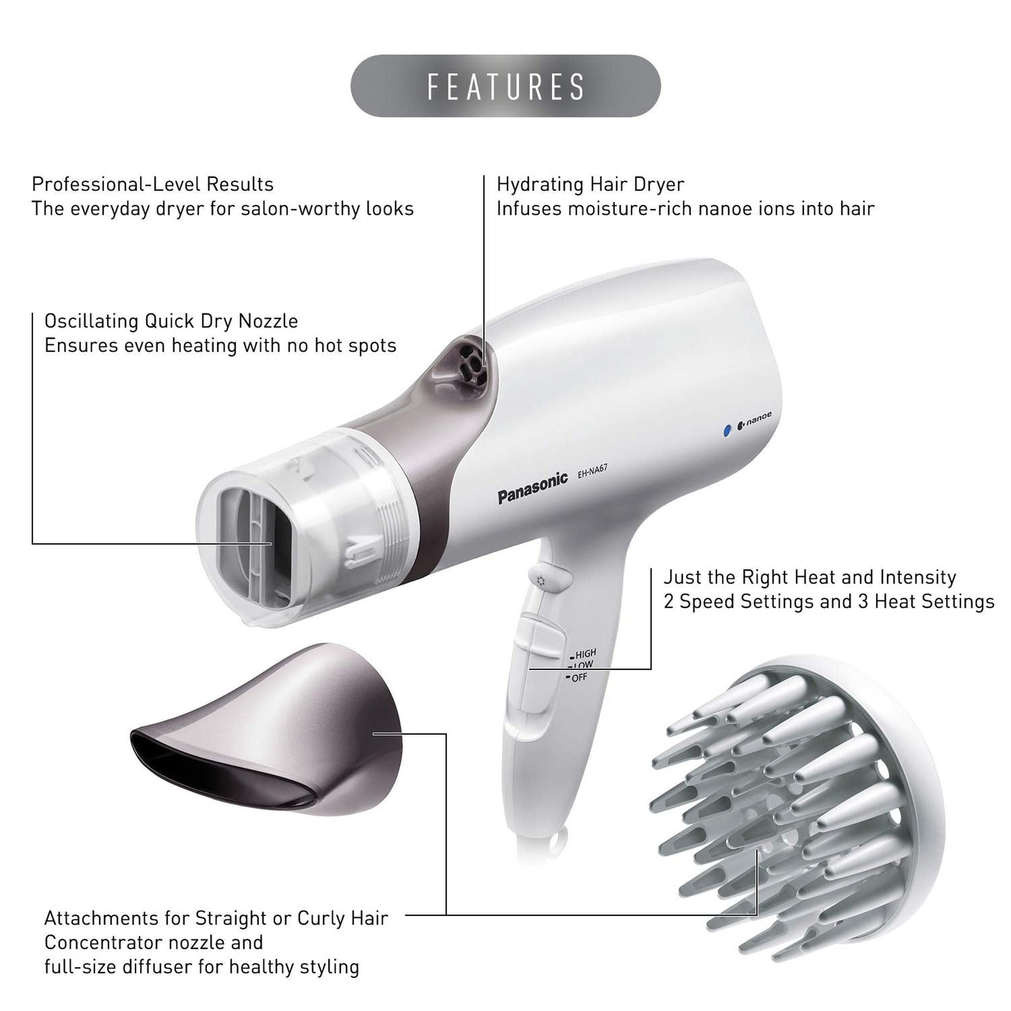 Panasonic EH-NA67-W Nanoe Salon Hair Dryer with Oscillating QuickDry Nozzle White Panasonic