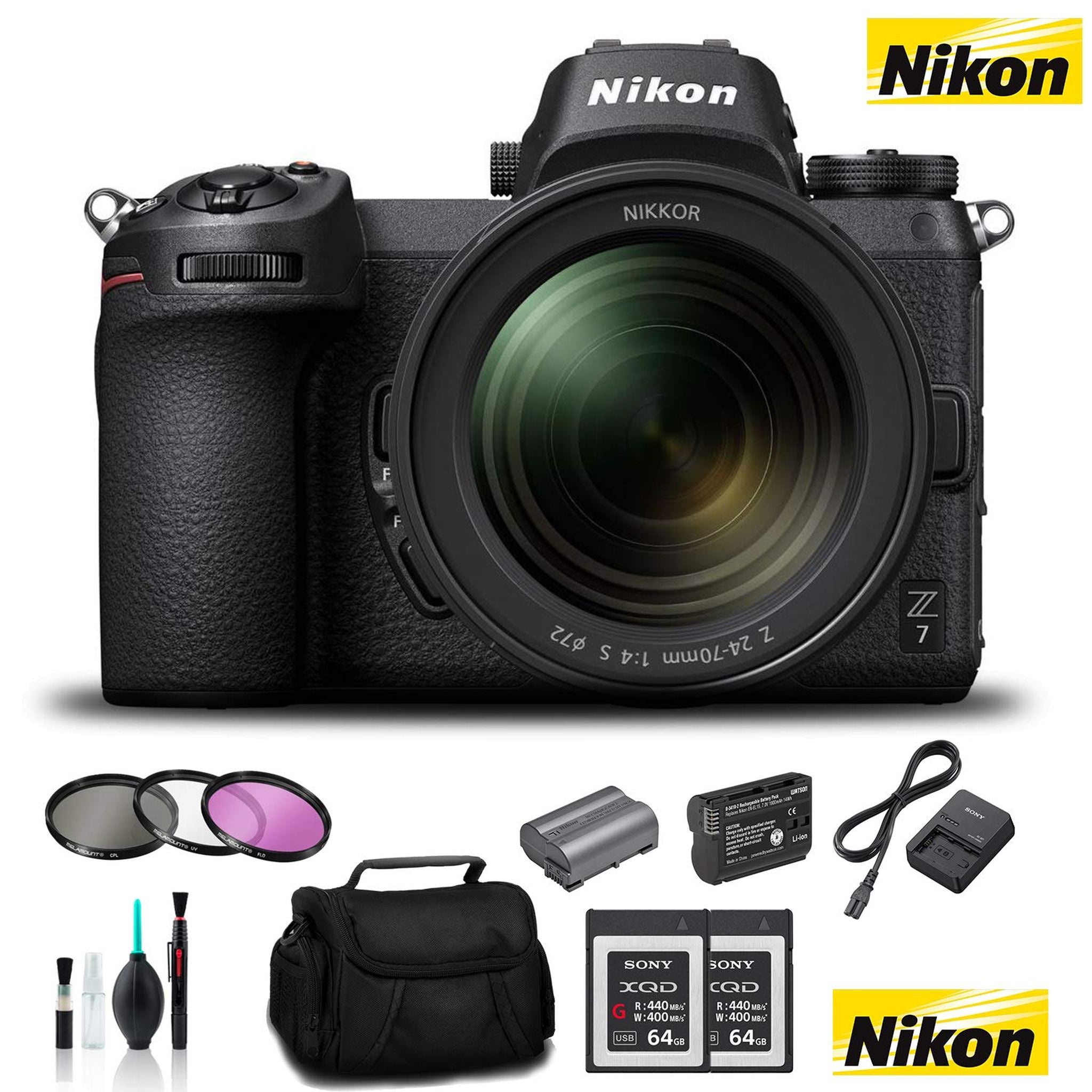 Nikon Z 7 Mirrorless FX-Format Digital Camera with 24-70mm Lens - Bundle 2X 64GB Memory Card + EN-EL15 Li-on Battery + E Nikon