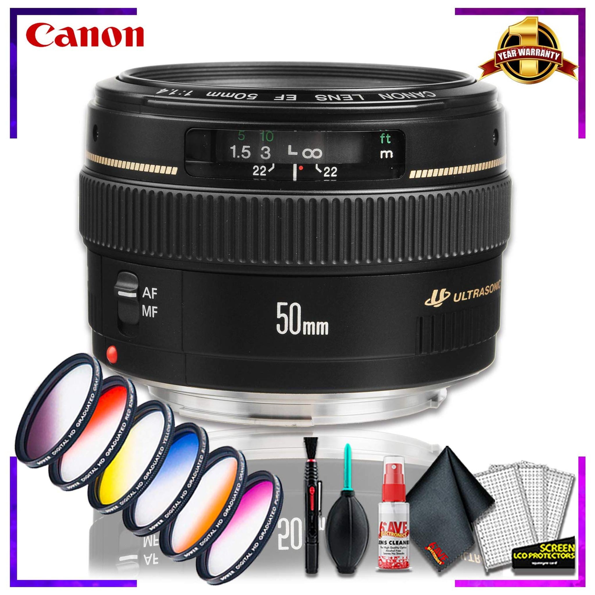 Canon EF 50 1.4 USM 58MM Lens International Model + Vivitar Graduated Color Filter Kit + Cleaning Kit Canon