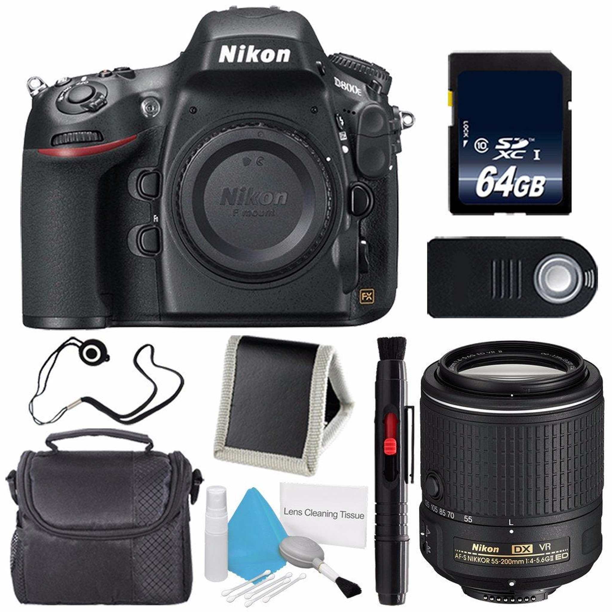 Nikon D800E Digital Camera Body Only International Model + Nikon AF-S DX NIKKOR 55-200mm f/4-5.6G ED VR II Lens + 64GB Memory Card Base Bundle Nikon