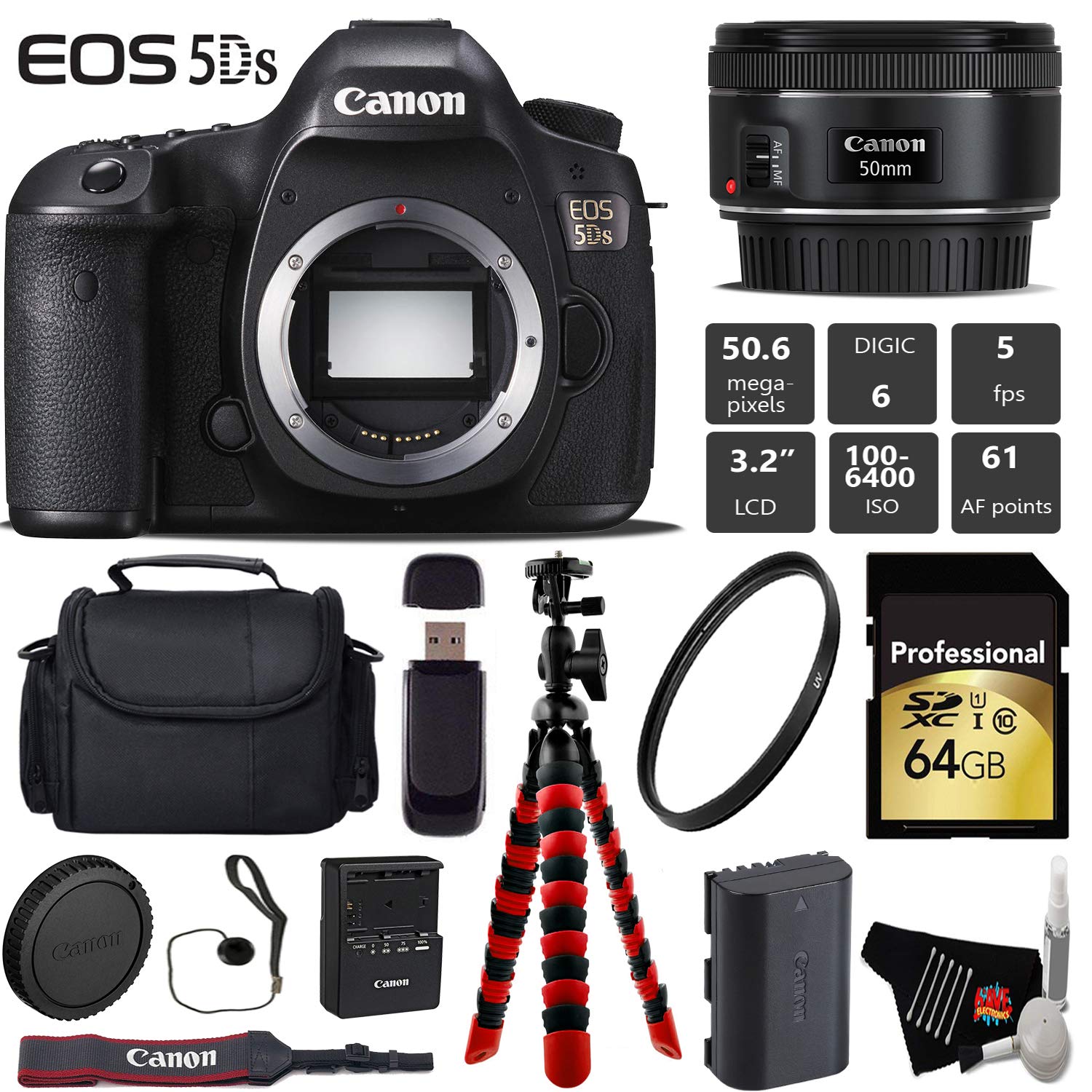 Canon EOS 5DS DSLR Camera with 50mm f/1.8 STM Lens + Wireless Remote + UV Protection Filter + Case + Wrist Strap Pro Bundle Canon