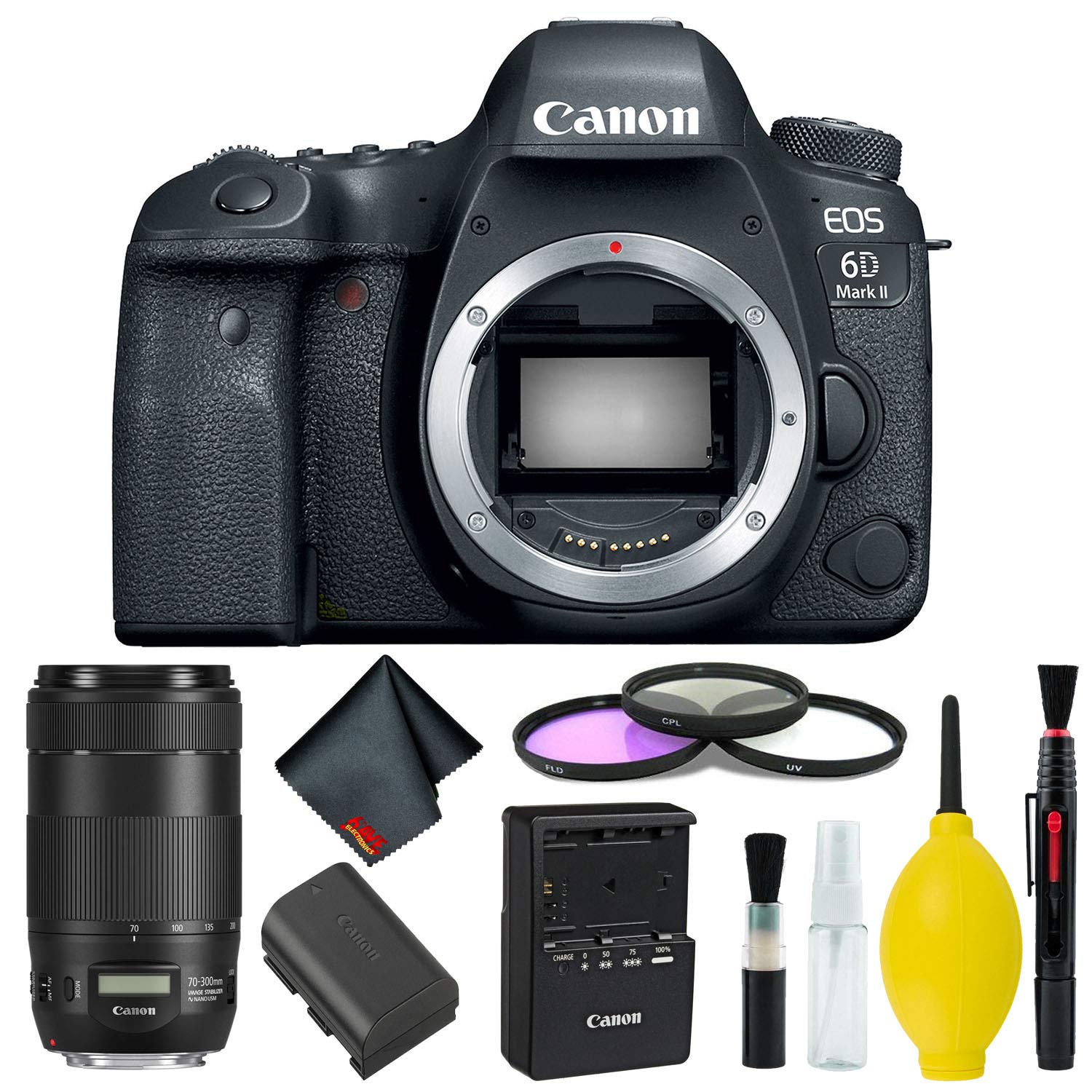 Canon EOS 6D Mark II DSLR Camera Body Only 3 Piece Filter Kit (International Model) w/Canon EF 70-300mm f/4-5.6 is II US