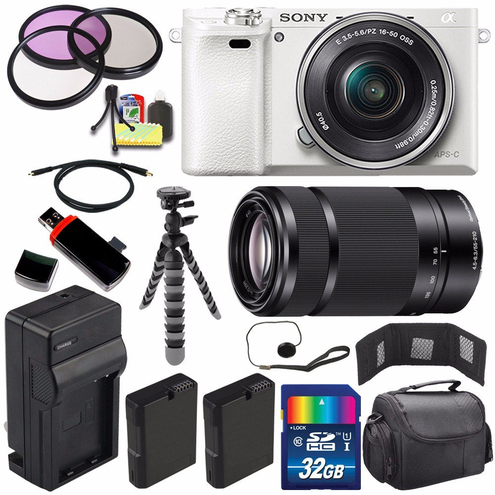 Sony Alpha a6000 Mirrorless Digital Camera with 16-50mm Lens White + Sony E 55-210mm f/4.5-6.3 OSS E-Mount Lens 32GB Ultimate Bundle Sony