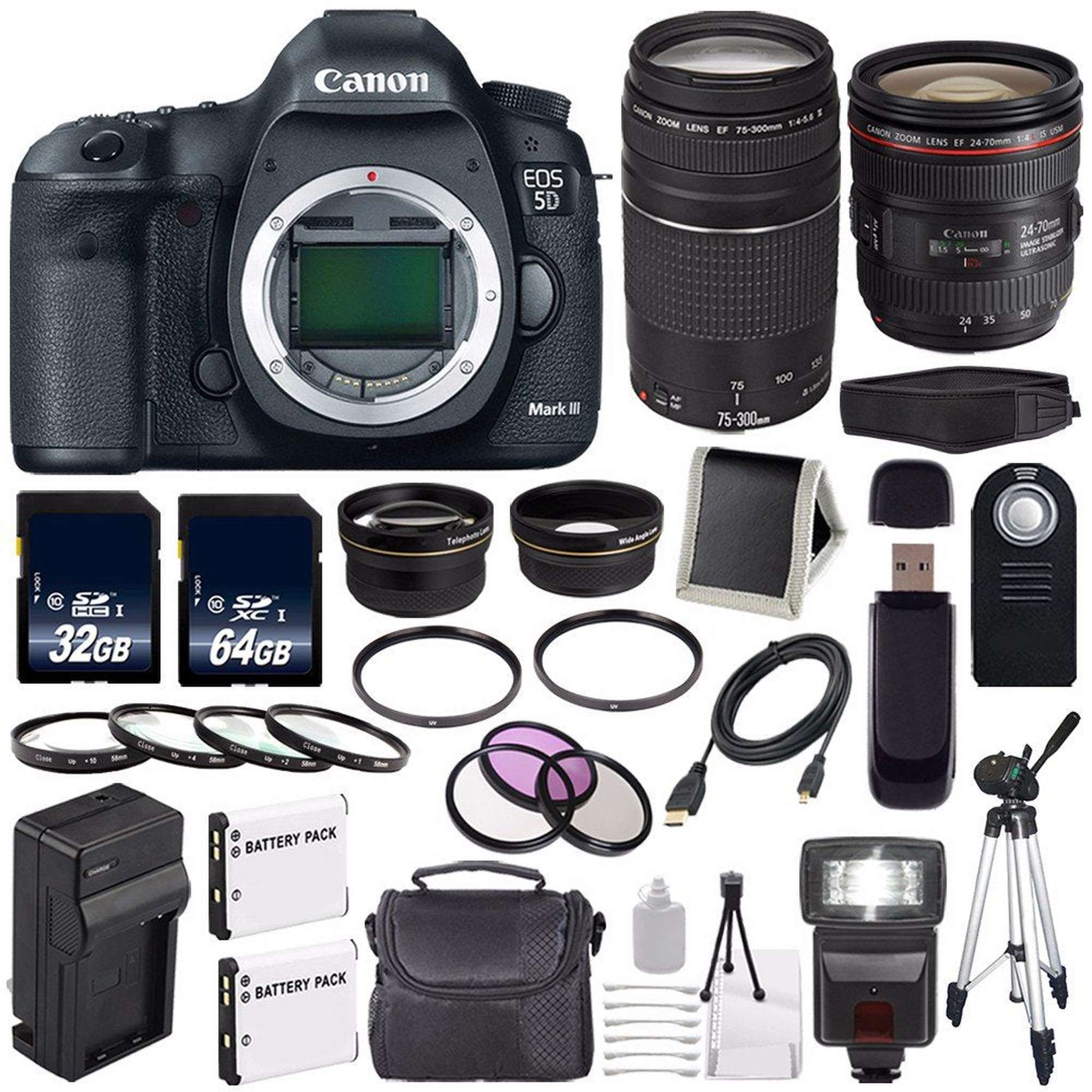 Canon EOD 5D III Digital Camera International Model + Canon EF 24-70mm f/4L is USM Lens + Canon EF 75-300 III Advanced Bundle Canon