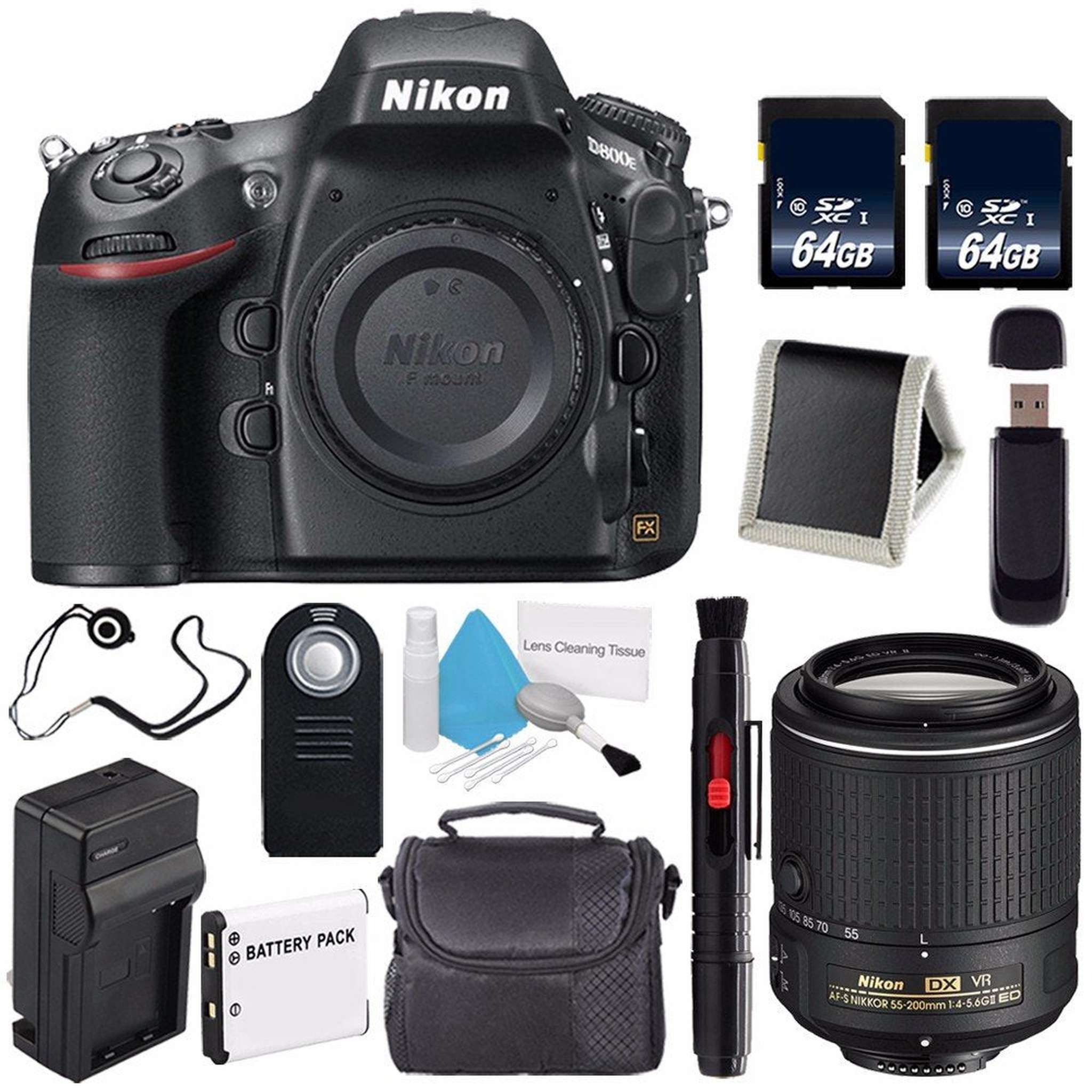 Nikon D800E Digital Camera Body Only International Model + Nikon AF-S DX NIKKOR 55-200mm f/4-5.6G ED VR II Lens + 64GB Memory Card Supreme Bundle Nikon