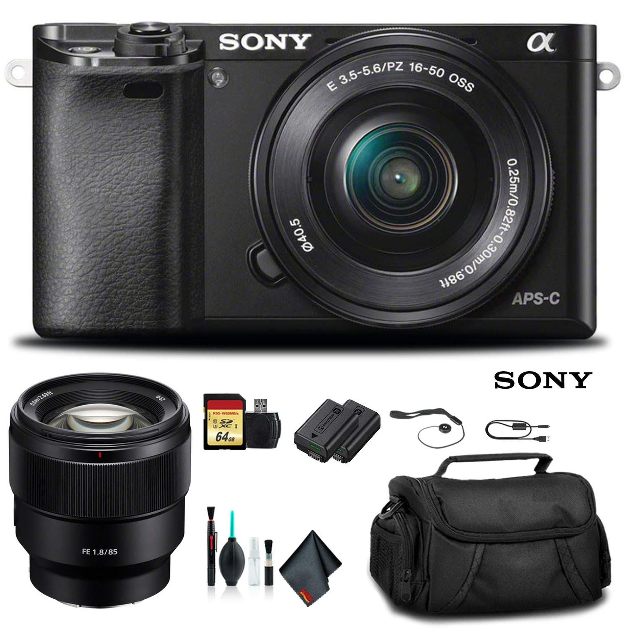 Sony Alpha a6000 Mirrorless Camera with 16-50mm Lens Black With Sony FE 85mm Lens, Soft Bag, Additional Battery, 64GB Memory Card, Card Reader , Plus Essential Accessories Sony