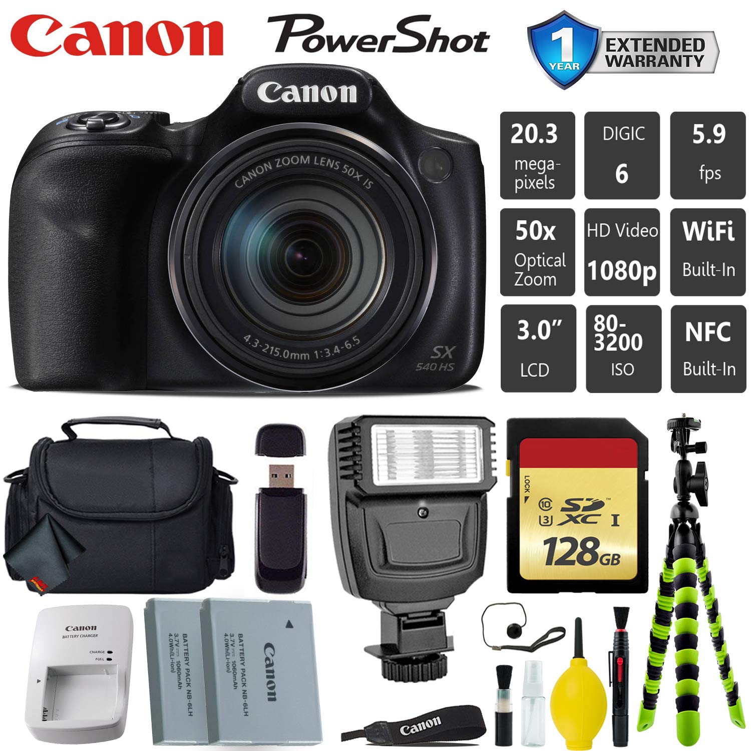 Canon PowerShot SX540 HS Digital Point and Shoot Camera + Extra Battery + Digital Flash + Camera Case + 128GB Class 10 Card Advanced Bundle Canon