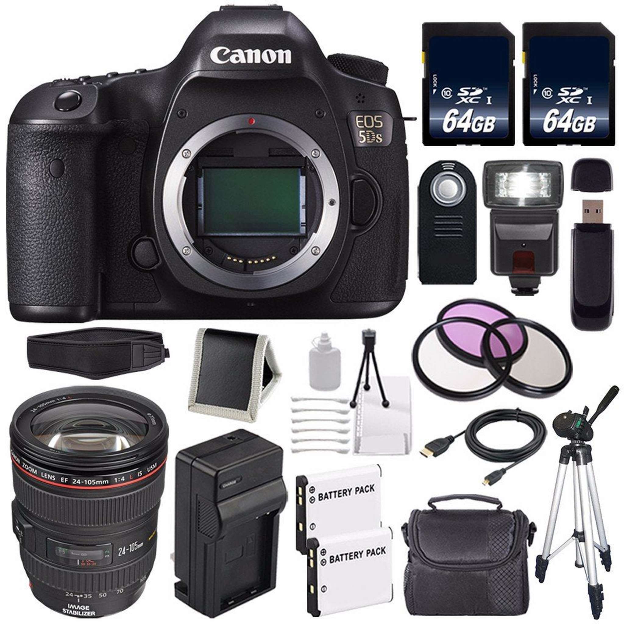 Canon EOS 5DS DSLR Camera International Model 0581C002 + Canon EF 24-105mm f/4L is USM Lens + LP-E6 Battery + 64GB Mem Canon