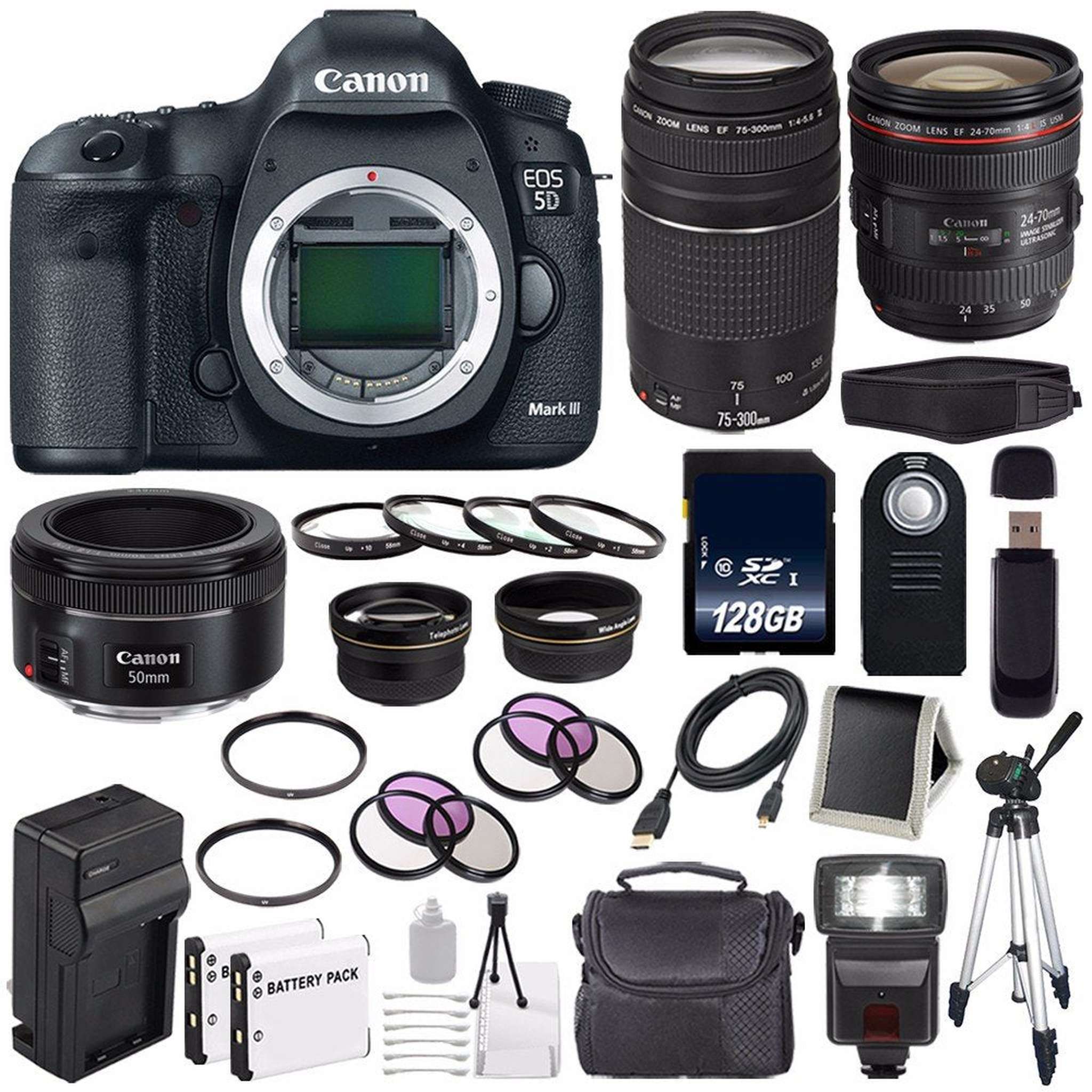 Canon EOD 5D III Digital Camera International Model + Canon EF 24-70mm f/4L is USM Lens + Canon EF 75-300 III+ EF 50mm Advanced Bundle Canon