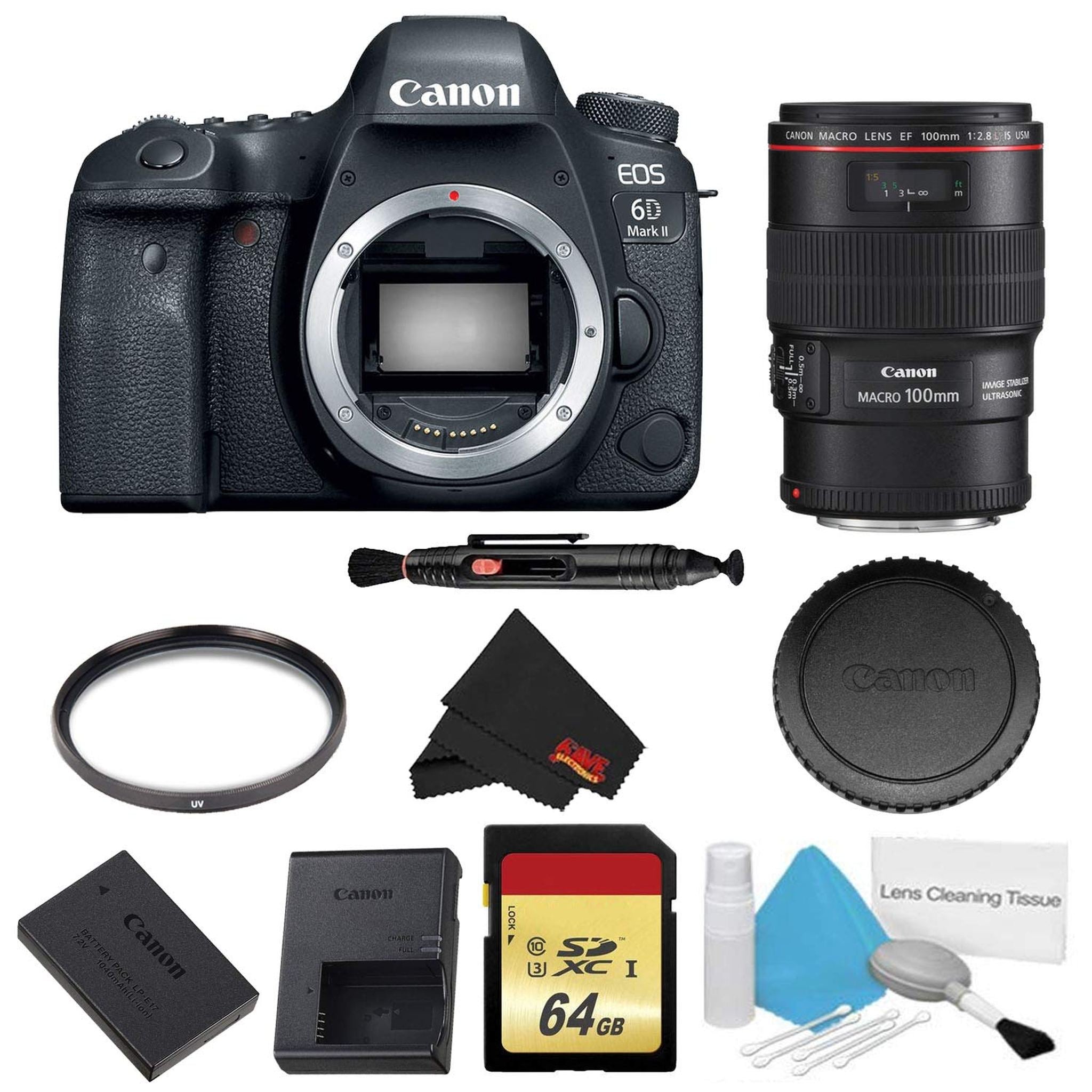 Canon EOS 6D Mark II DSLR Camera Body Only Basic Filter w/Memory Bundle + Bonus EF 100mm f/2.8L Macro is USM Lens - In Canon