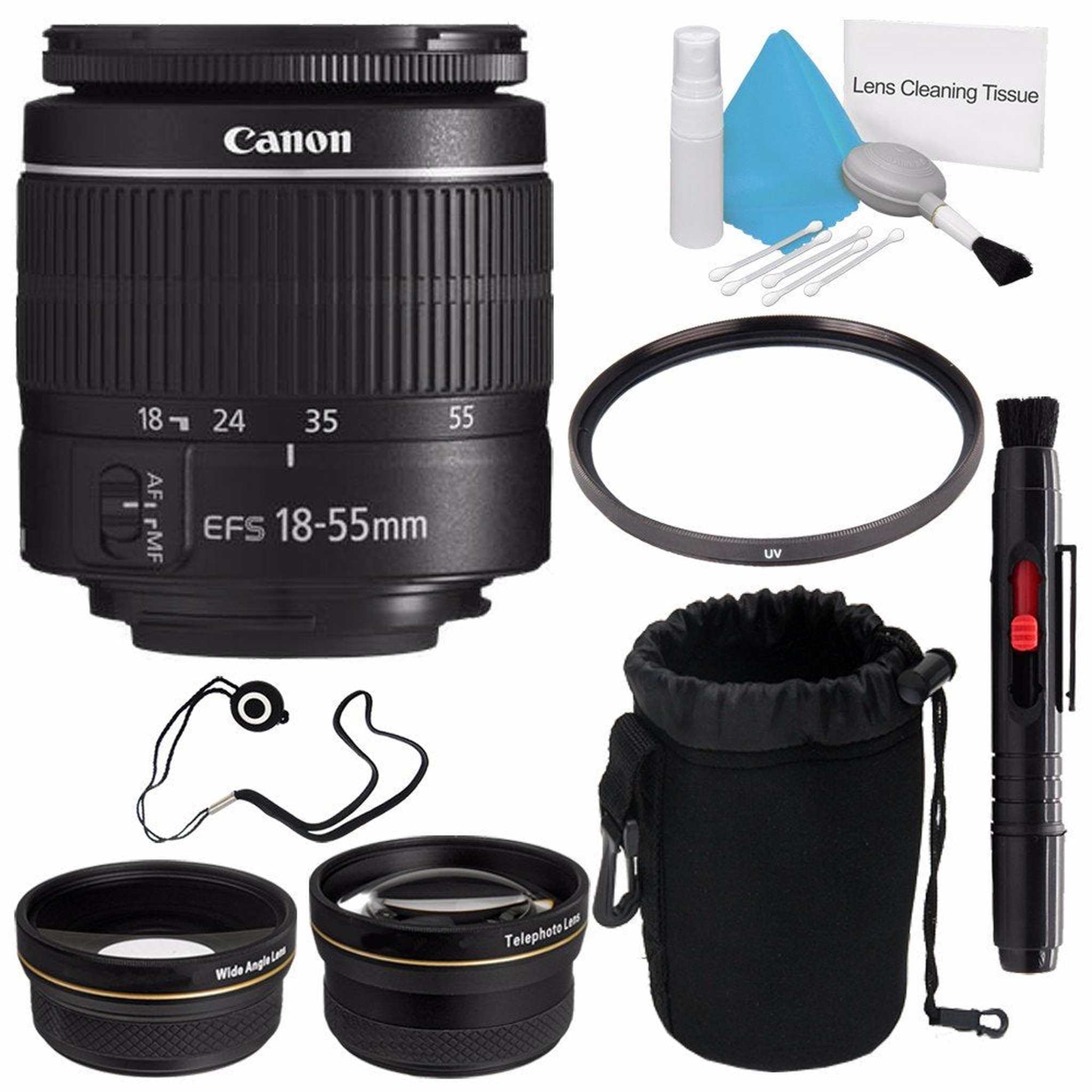 Canon EF-S 18-55mm f/3.5-5.6 III Lens International Model + 58mm Wide Angle Lenses + 58mm UV Filter + Deluxe Lens Pouc Canon