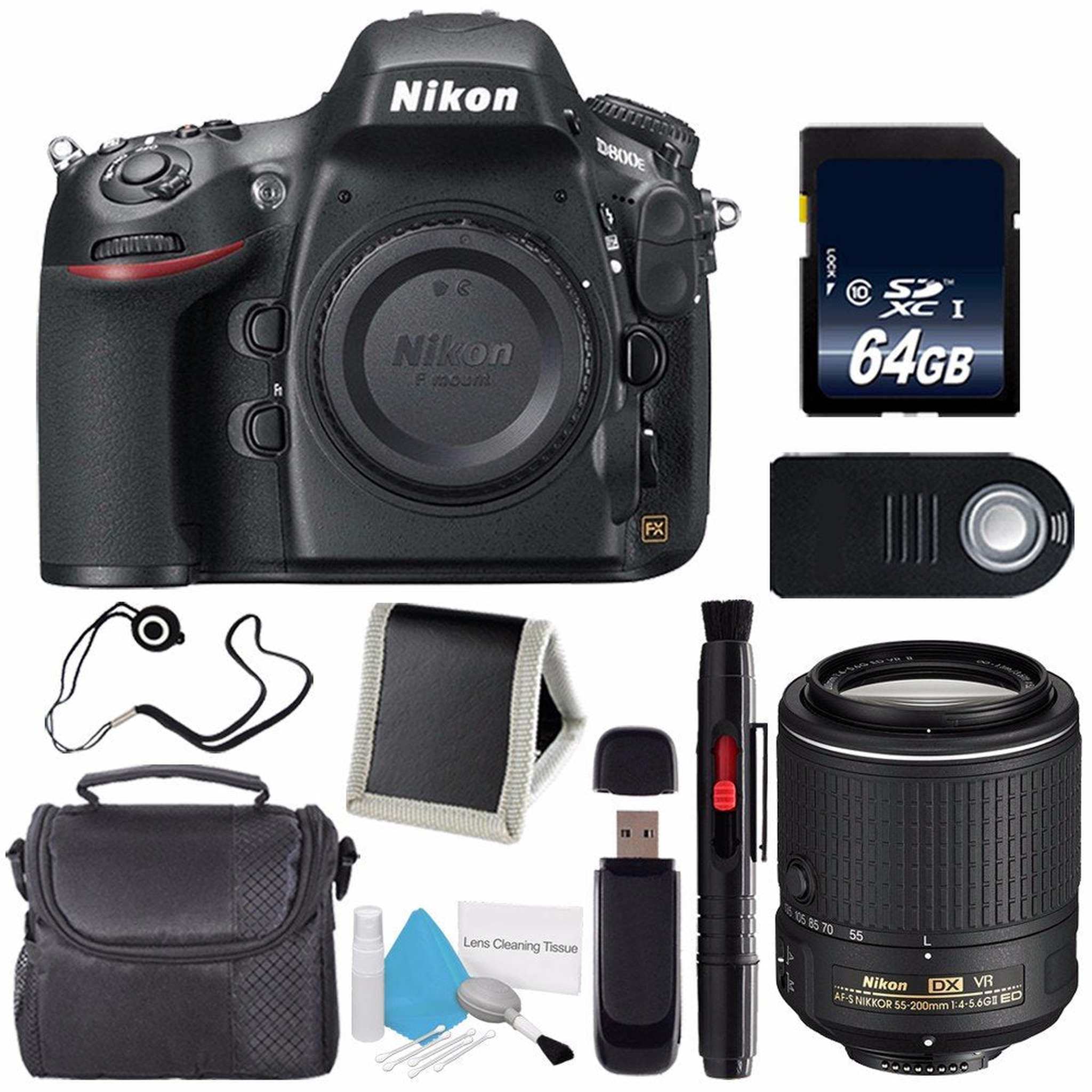 Nikon D800E Digital Camera Body Only International Model + Nikon AF-S DX NIKKOR 55-200mm f/4-5.6G ED VR II Lens + 64GB Memory Card Starter Bundle Nikon