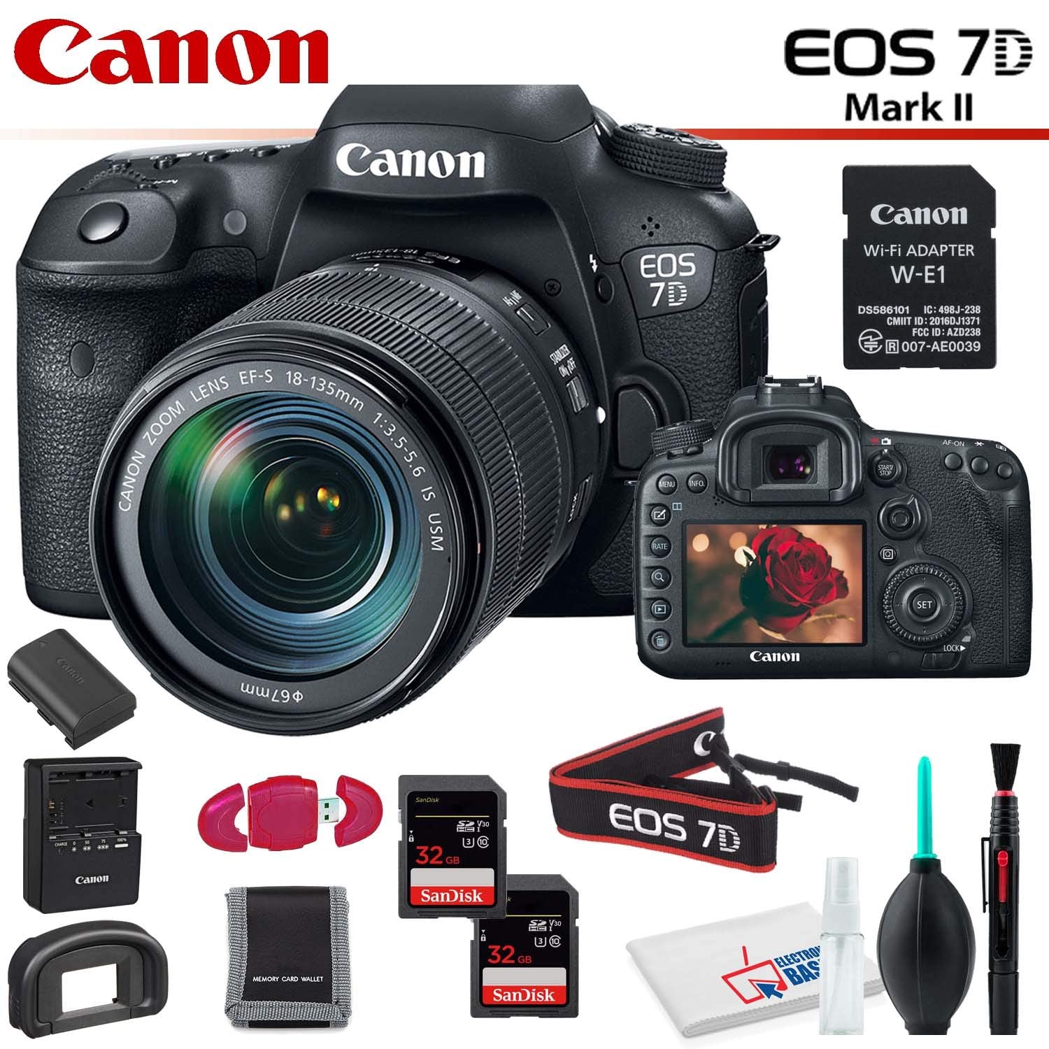 Canon EOS 7D Mark II DSLR Camera Intl Model with 18-135mm Lens & W-E1 Wi-Fi Adapter With Memory Card Kit and Cleaning Kit Canon