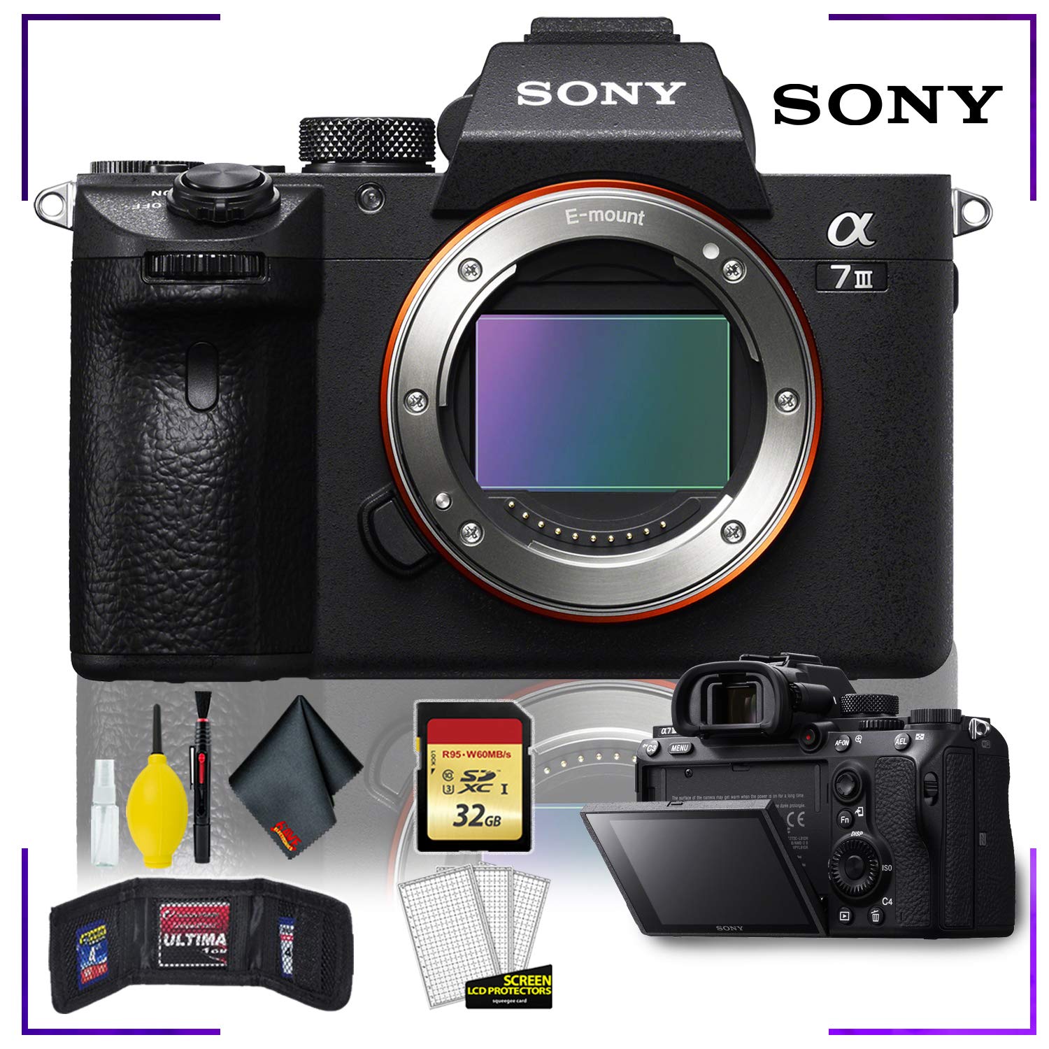 Sony Alpha a7 III Mirrorless Digital Camera Body Only with Camera Cleaning Kit Bundle + 32gb Memory SD Card and Memory Sony