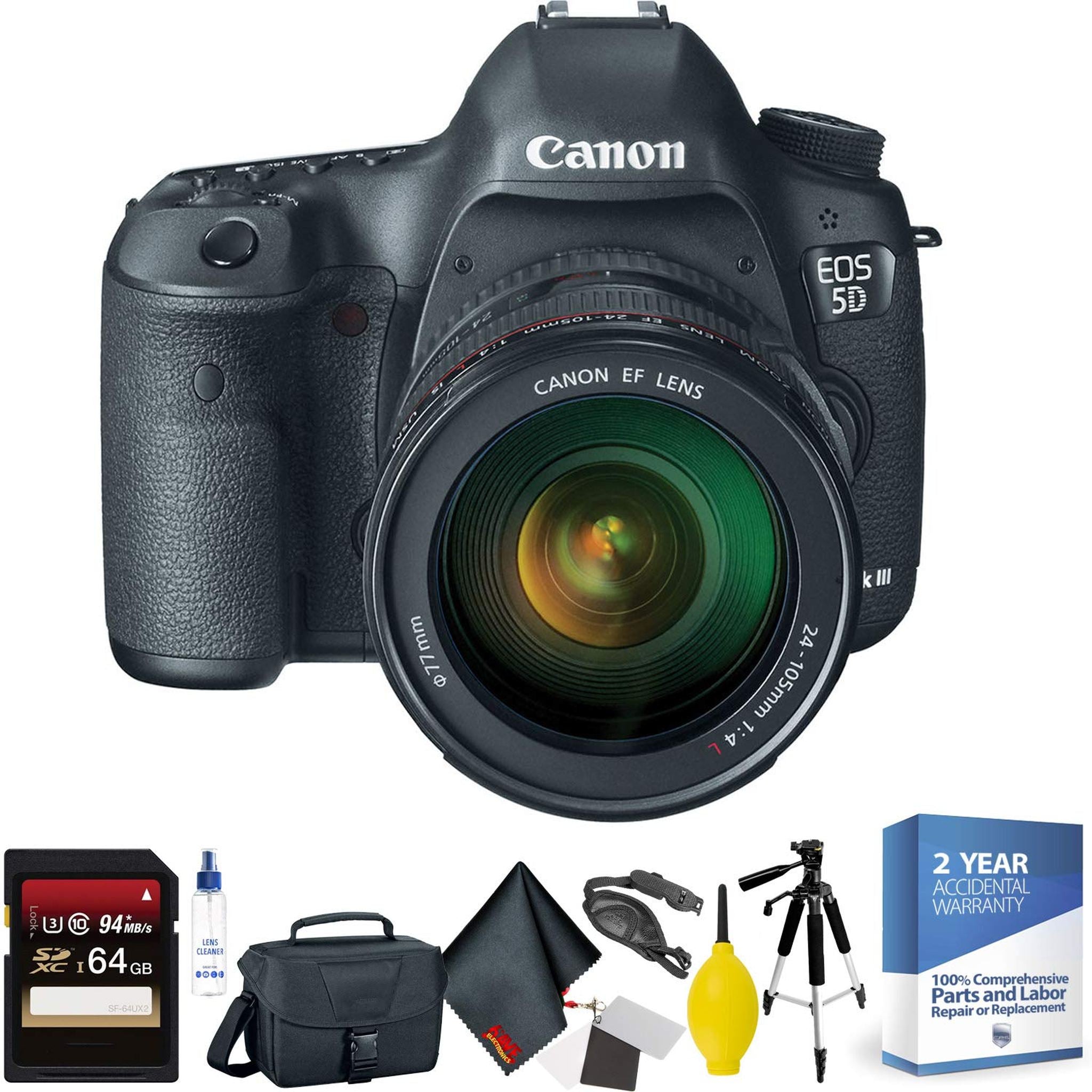 Canon EOS 5D Mark III DSLR Camera with 24-105mm Lens + 64GB Memory Card + Mega Accessory Kit + 2 Year Accidental Warrant Bundle Canon