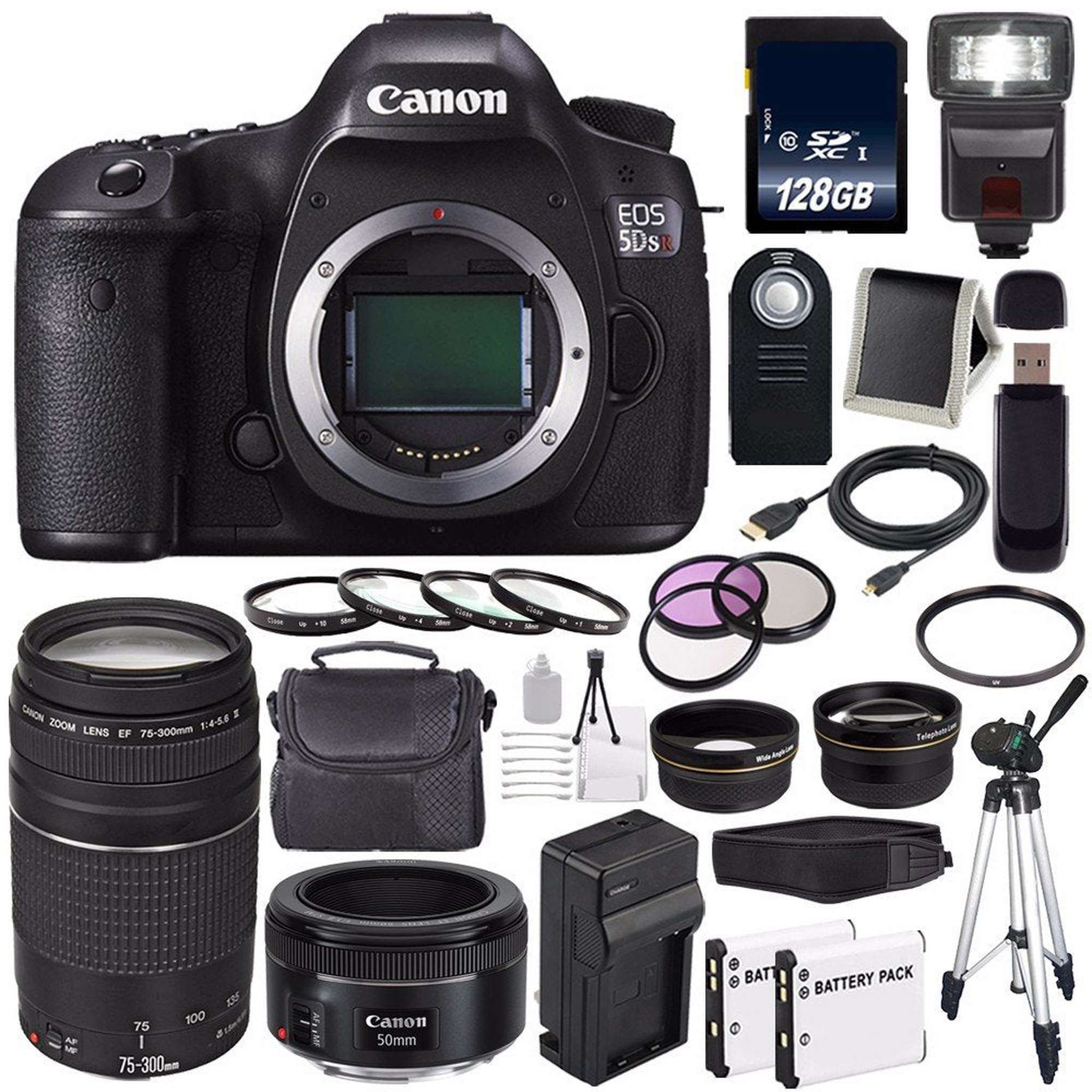 Canon EOS 5DS R DSLR Camera International Model 0582C002 + Canon EF 75-300 III+ EF 50mm f/1.8 STM Lens Base Bundle Canon