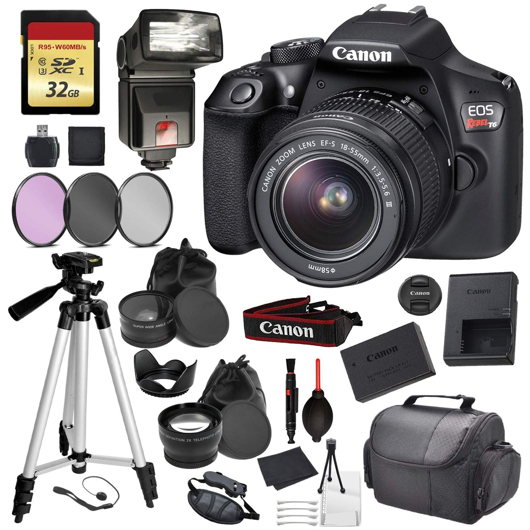 Canon EOS Rebel T6 Digital SLR Camera with EF-S 18-55mm f/3.5-5.6 DC III Lens Kit Black Professional Accessory Bundle Canon