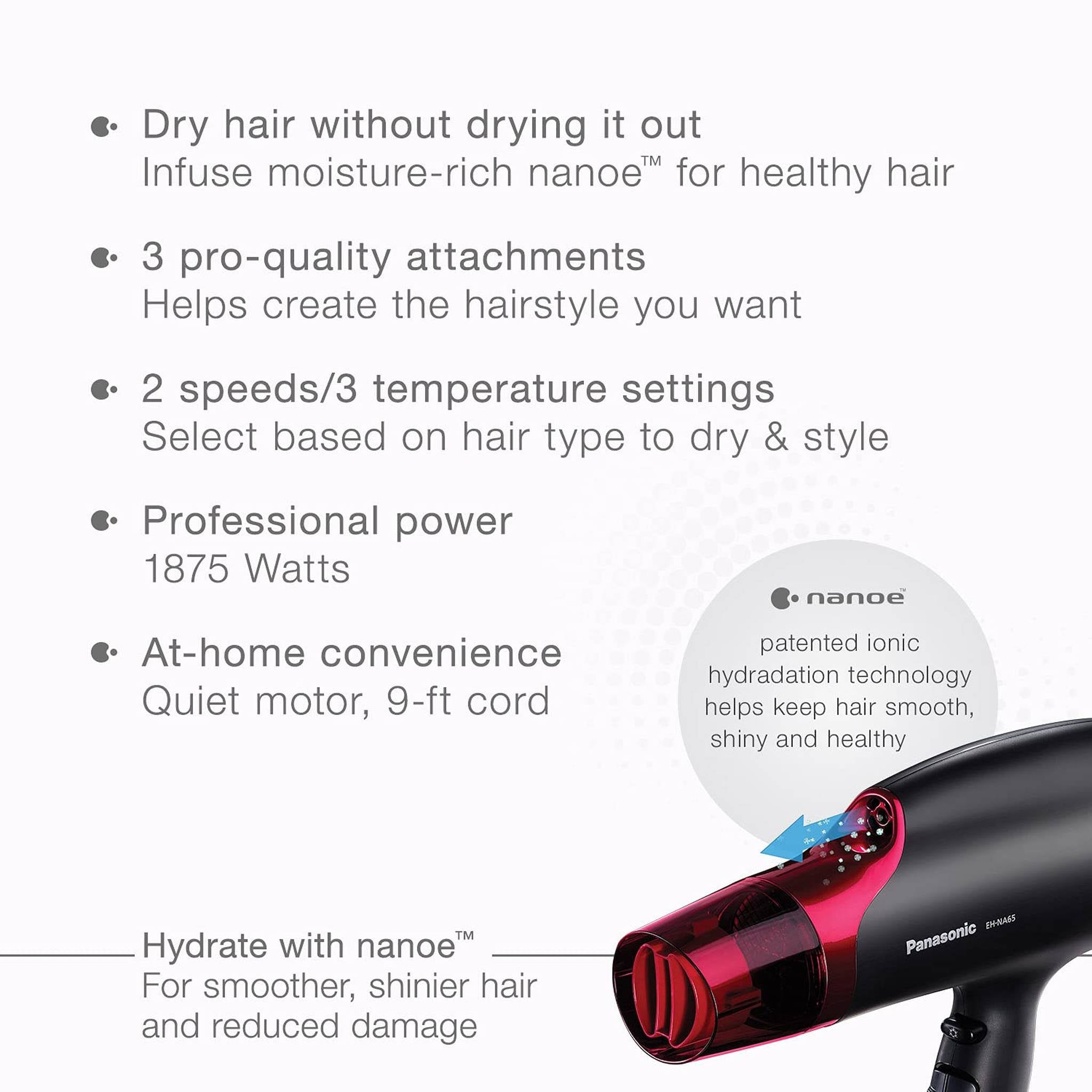 Panasonic Nanoe Hair Dryer, 1875 Watt Professional Blow Dryer for Smooth, Shiny Hair with 3 Attachments Quick Dry Nozzle, Diffuser and Concentrator Nozzle - EH-NA65-K Black/Pink , Black Panasonic