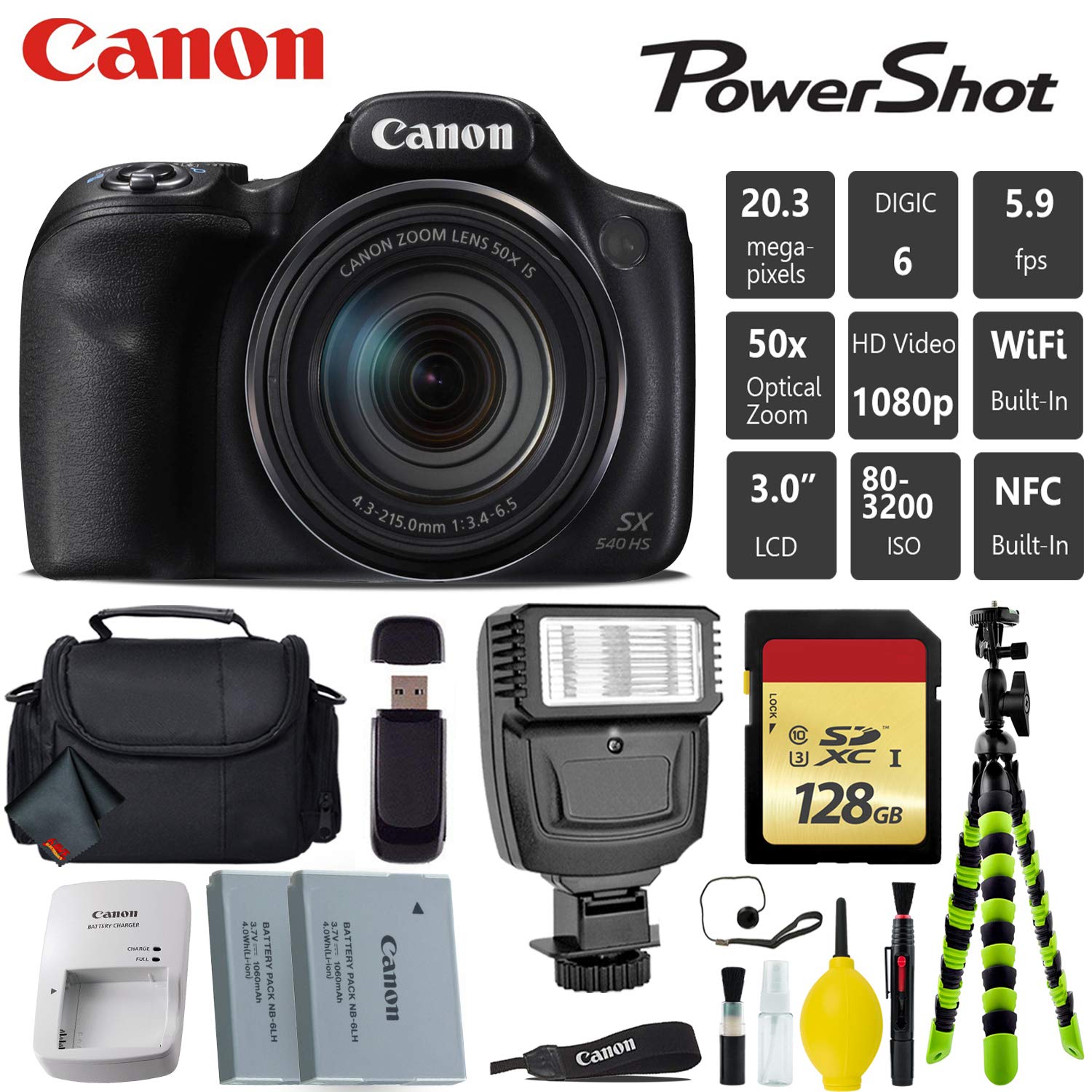 Canon PowerShot SX540 HS Digital Point and Shoot 20MP Camera + Extra Battery + Digital Flash + Camera Case + 128GB Class Canon