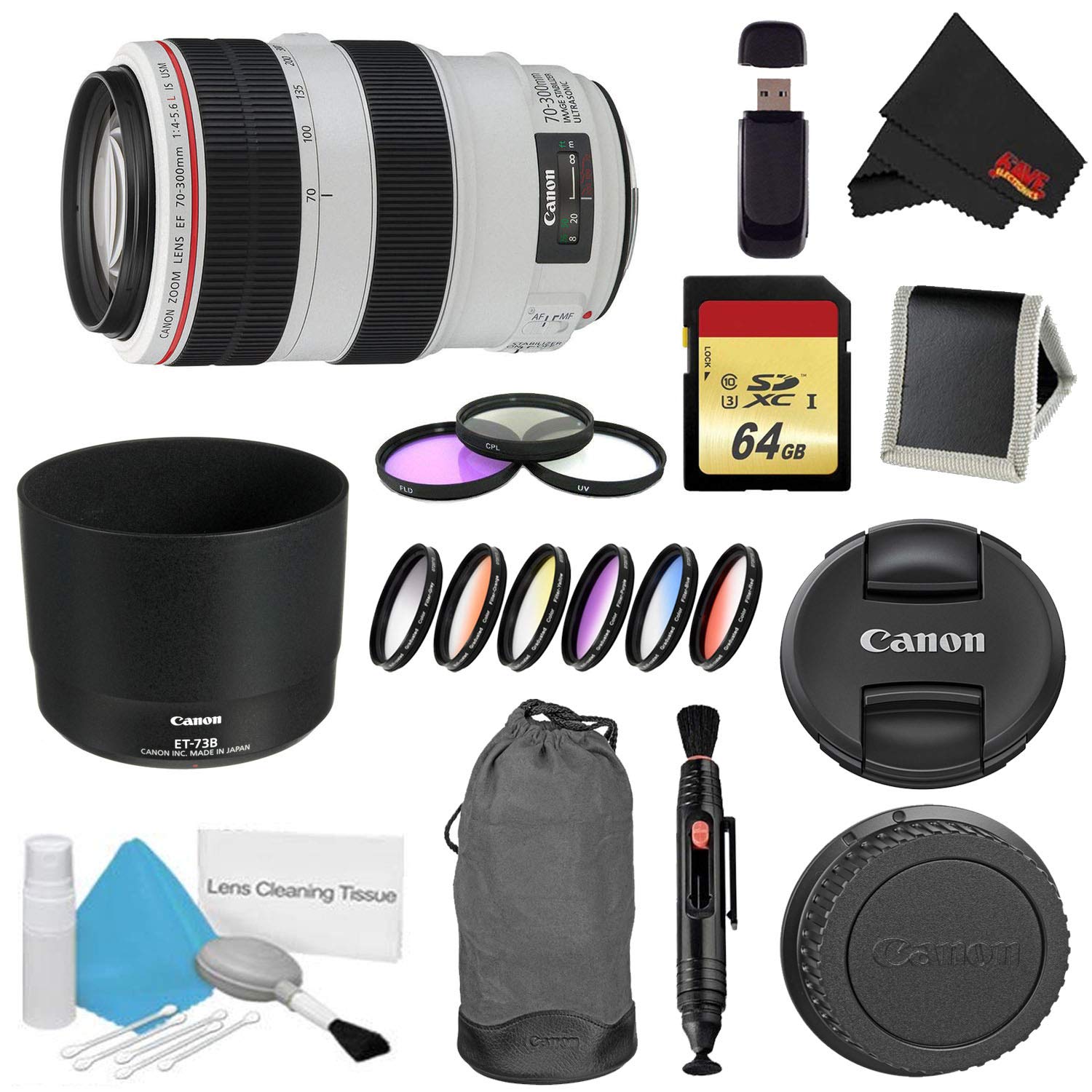 Canon EF 70-300mm f/4-5.6L is USM Lens Bundle w/ 64GB Memory Card + Accessories, 3 Piece Filter Kit Color Multicoated 6 Canon