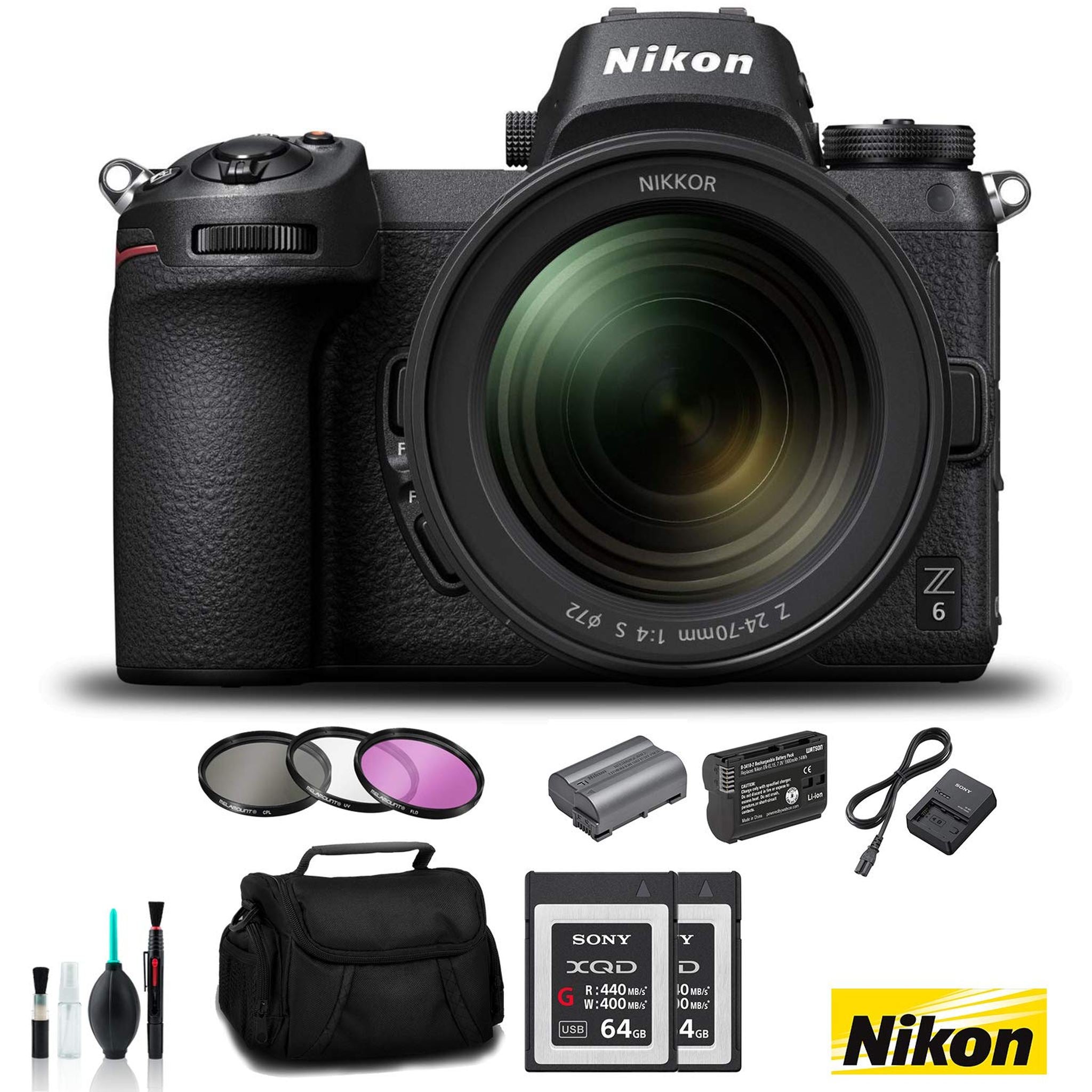 Nikon Z 6 Mirrorless FX-Format Digital Camera with 24-70mm Lens - Bundle 2X 64GB Memory Card + EN-EL15 Li-on Battery + E Nikon